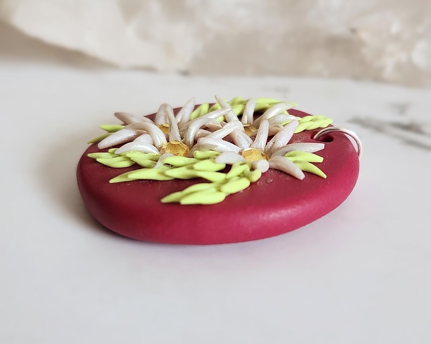 Crystal Edelweiss Daisy Polymer Clay Pendant