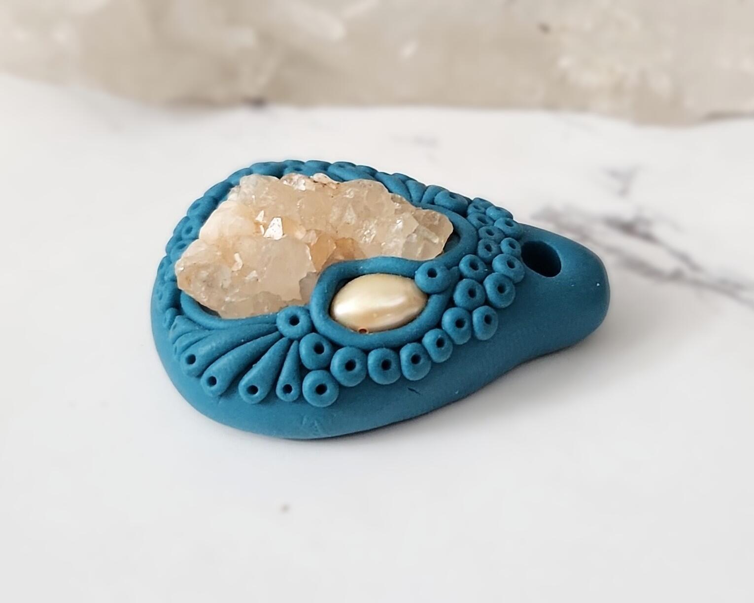 Illinois Quartz Cluster and Freshwater Pearl Blue Polymer Clay Pendant