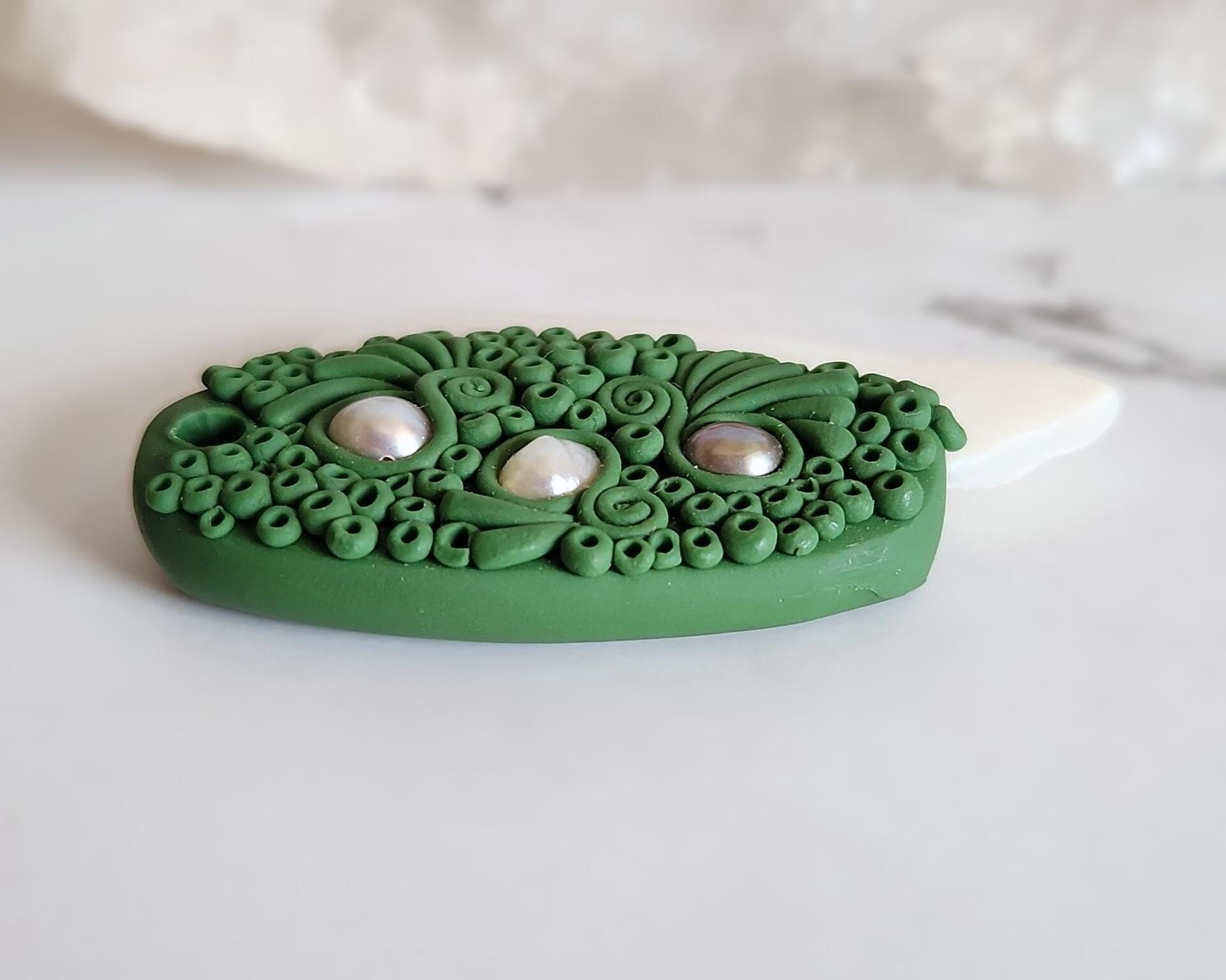 White Shell and Freshwater Pearl Green Polymer Clay Pendant