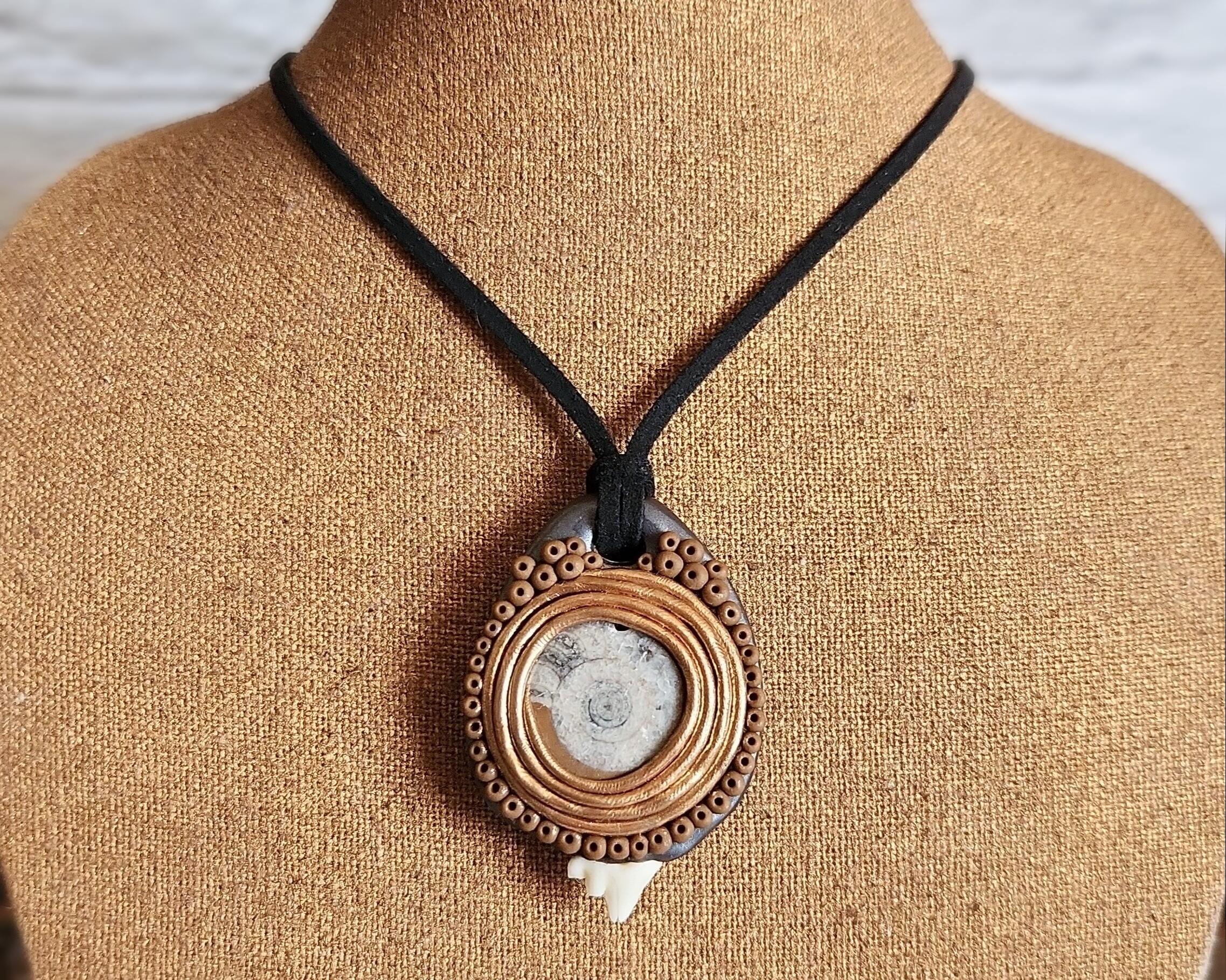 Ammonite and Coyote Tooth Polymer Clay Pendant