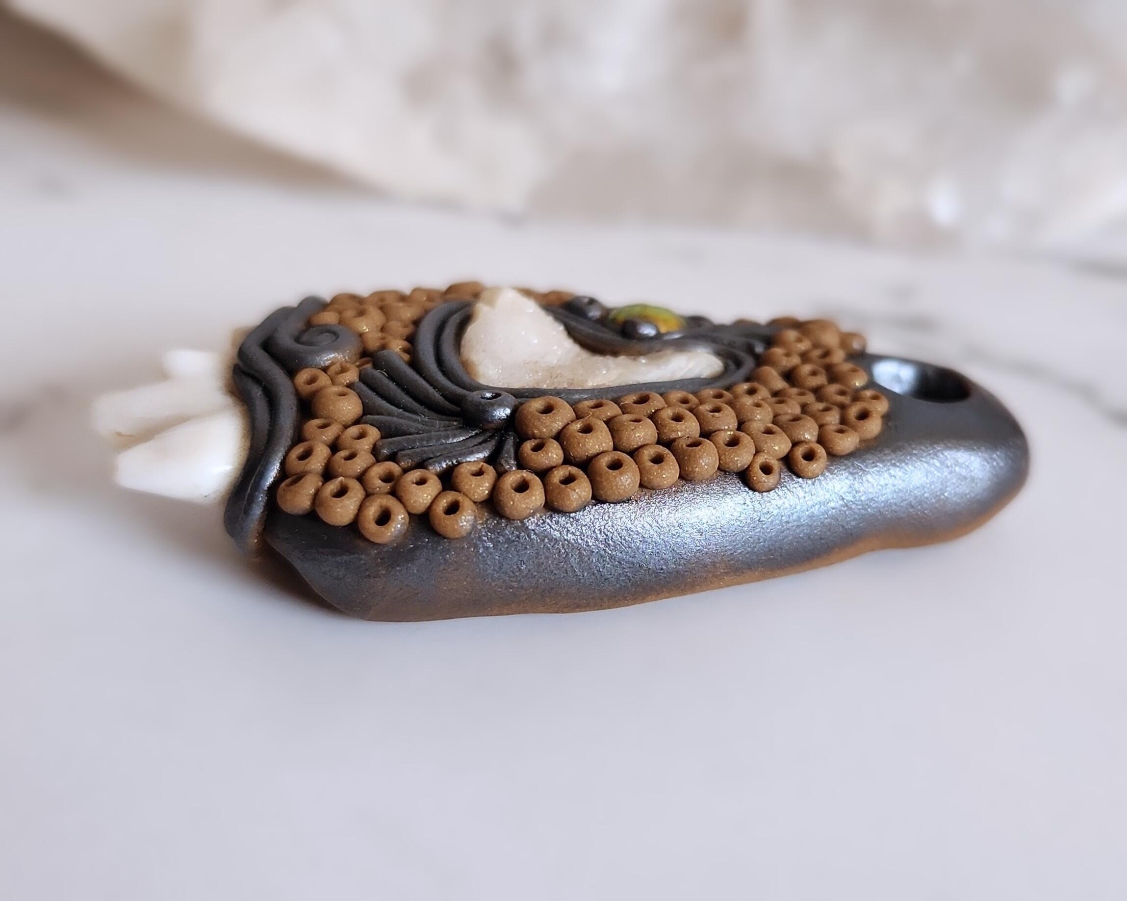 Coyote Tooth, Druzy Quartz and Pearl Polymer Clay Pendant