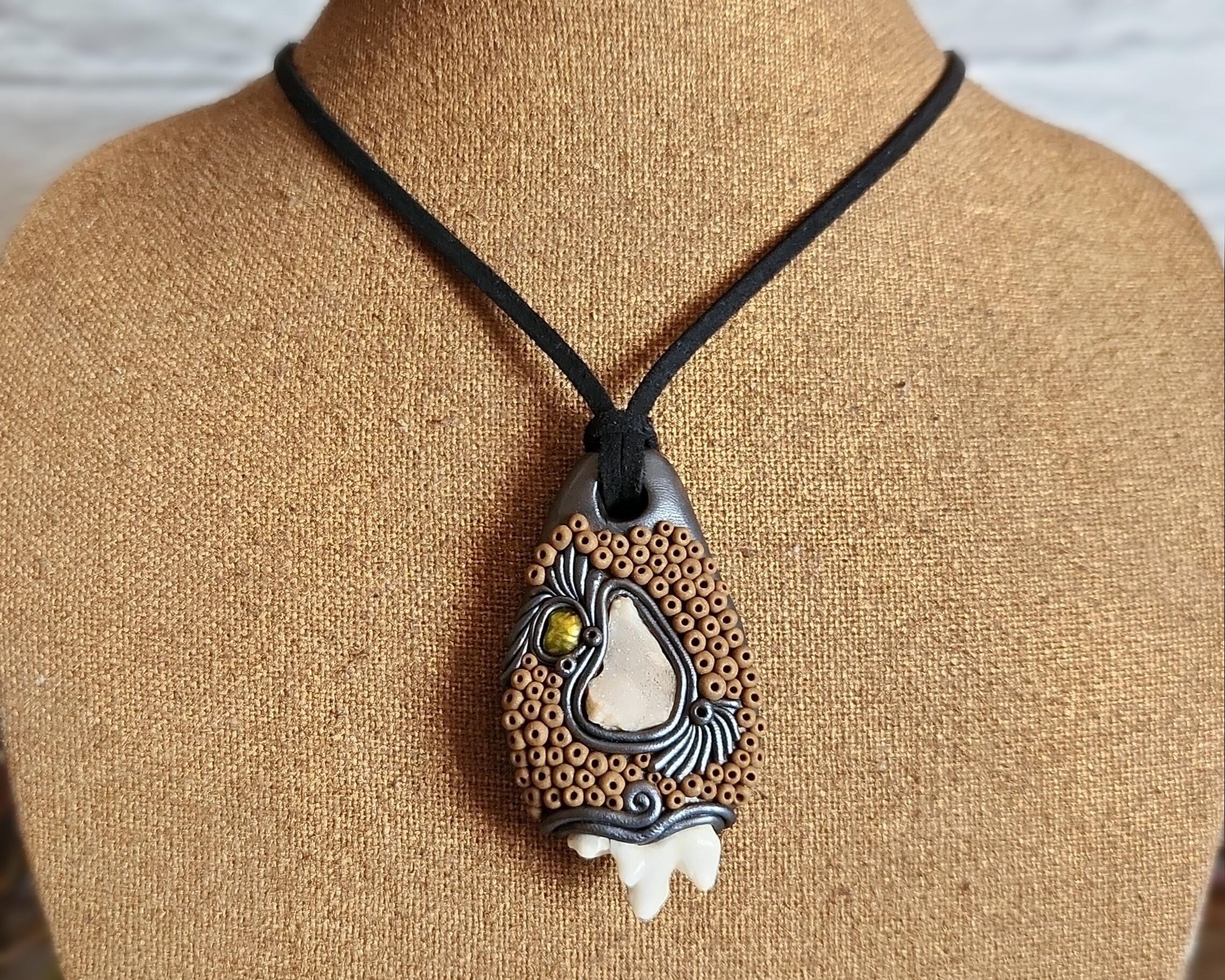 Coyote Tooth, Druzy Quartz and Pearl Polymer Clay Pendant