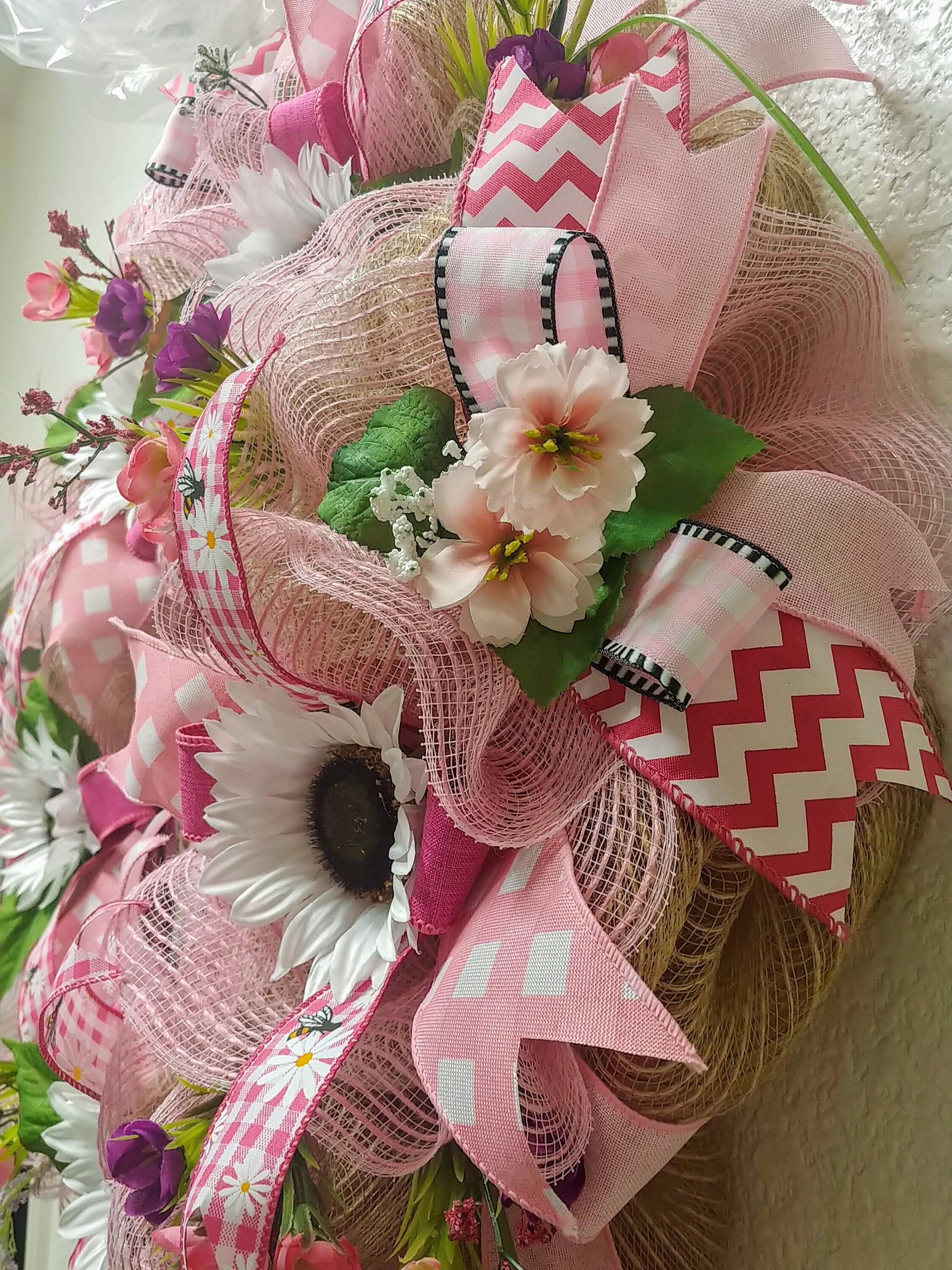 Handmade Light Pink Ribbon Breast Cancer Wreath. In/Out Home Decor