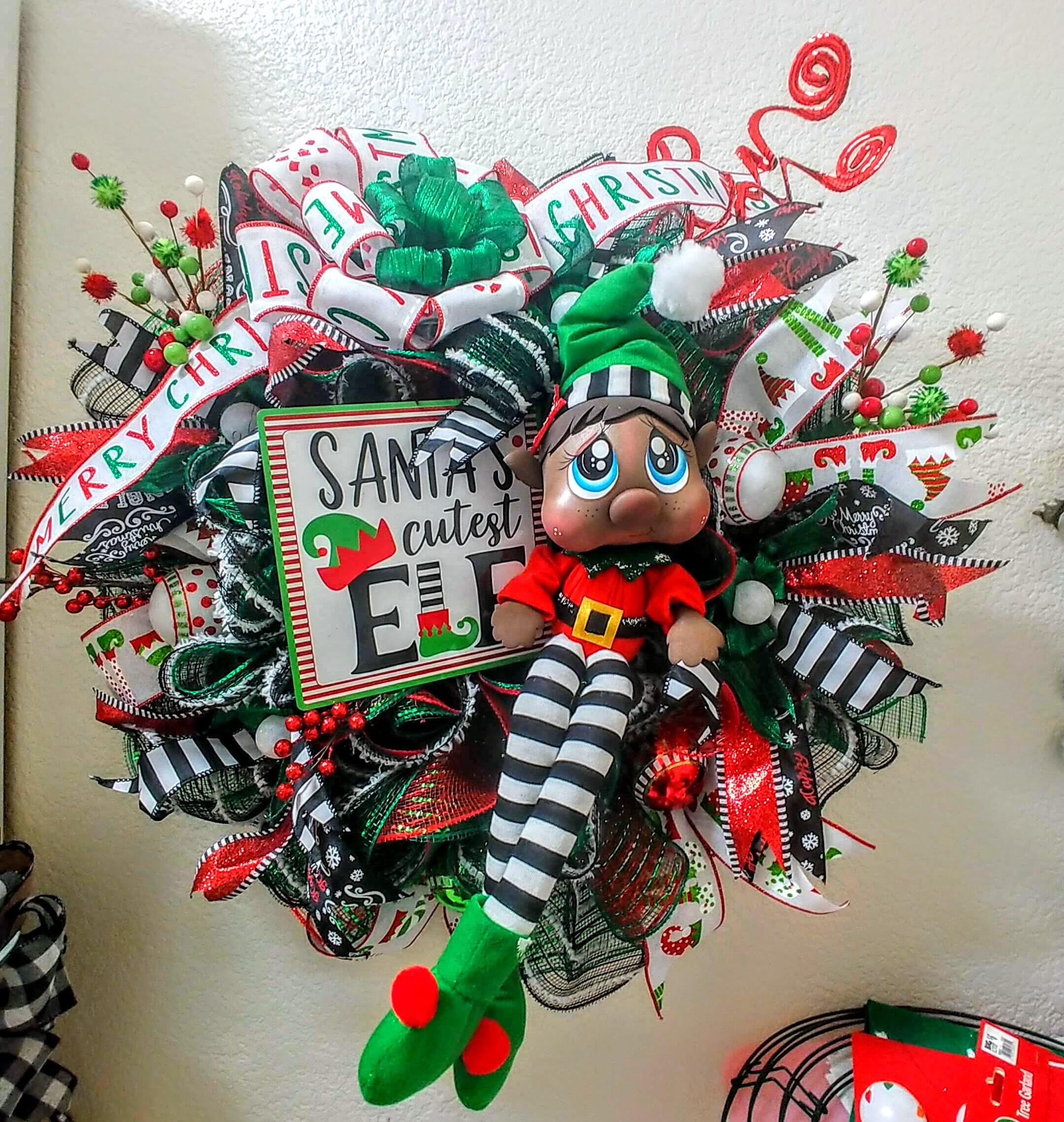 Elf top Wreath, Christmas Swag, Boy Elf, Holiday Door, Whimsical Wreath