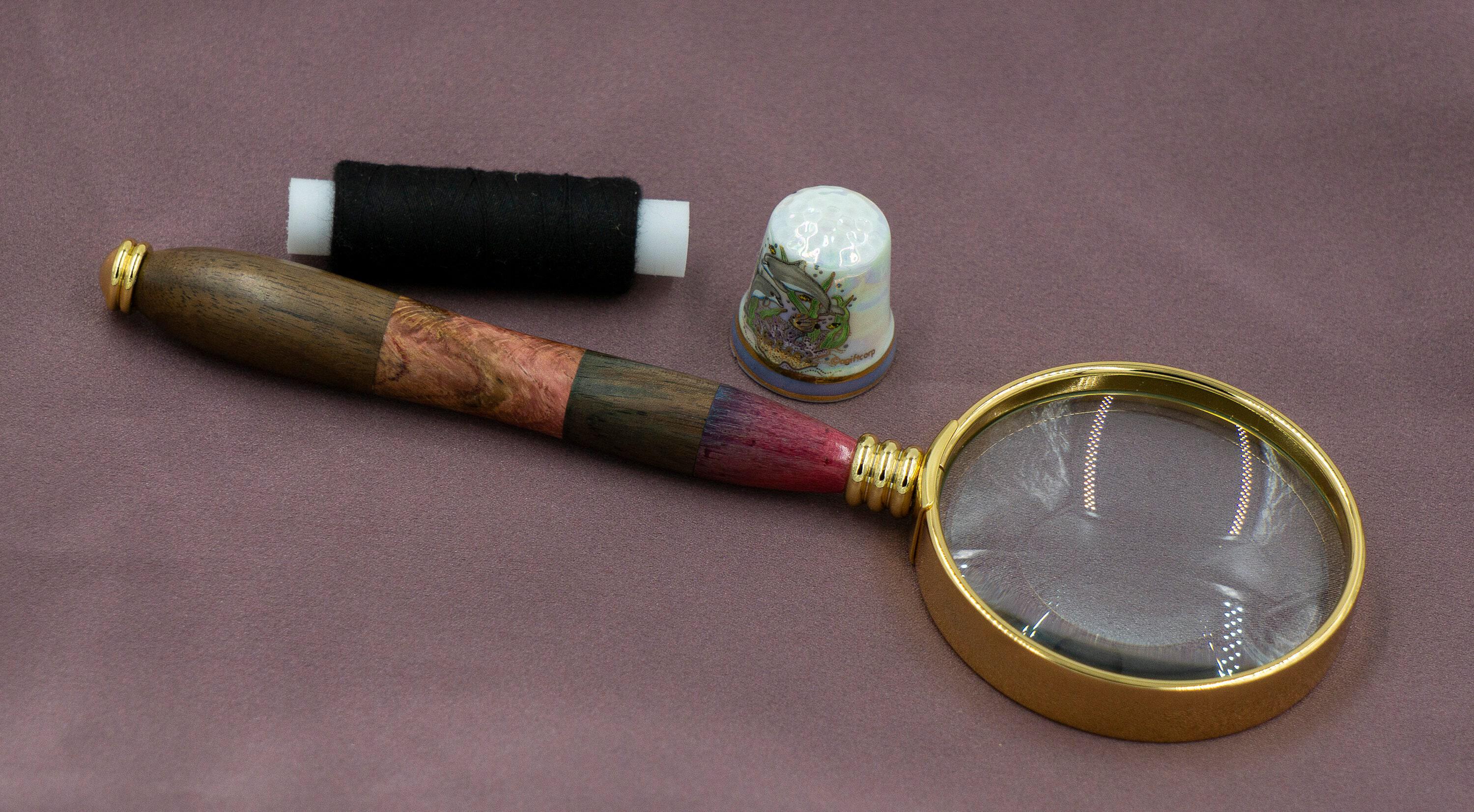 Products :: Large Magnifying Glass (24Kt Gold plated metal components),  Lupe, Loupe, Wooden Magnifying Glass, Lathe Turned Magnifying Glass