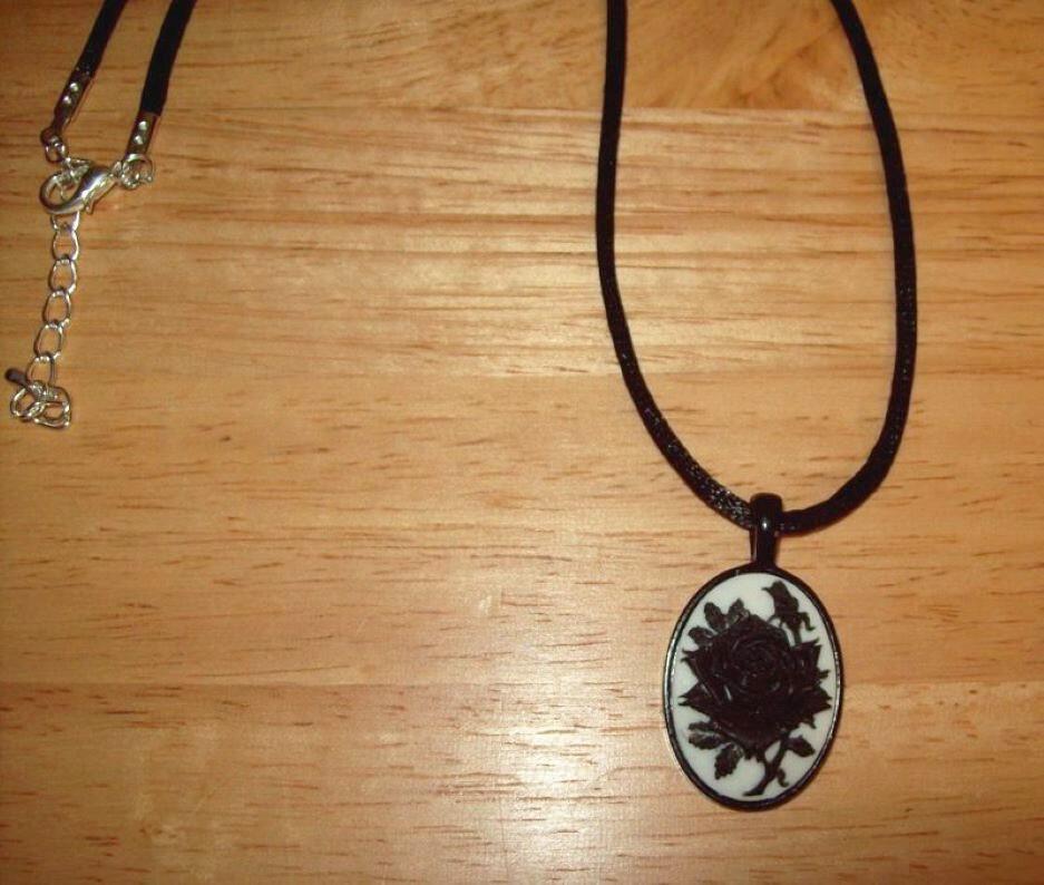 Black Rose Cameo Pendant Necklace with Satin Rattail Cord