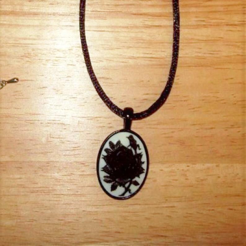 Black Rose Cameo Pendant Necklace with Satin Rattail Cord