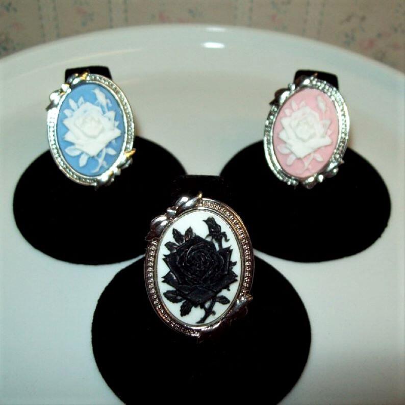 Victorian Rose Cameo Adjustable Ring, Antique Silver with Bows