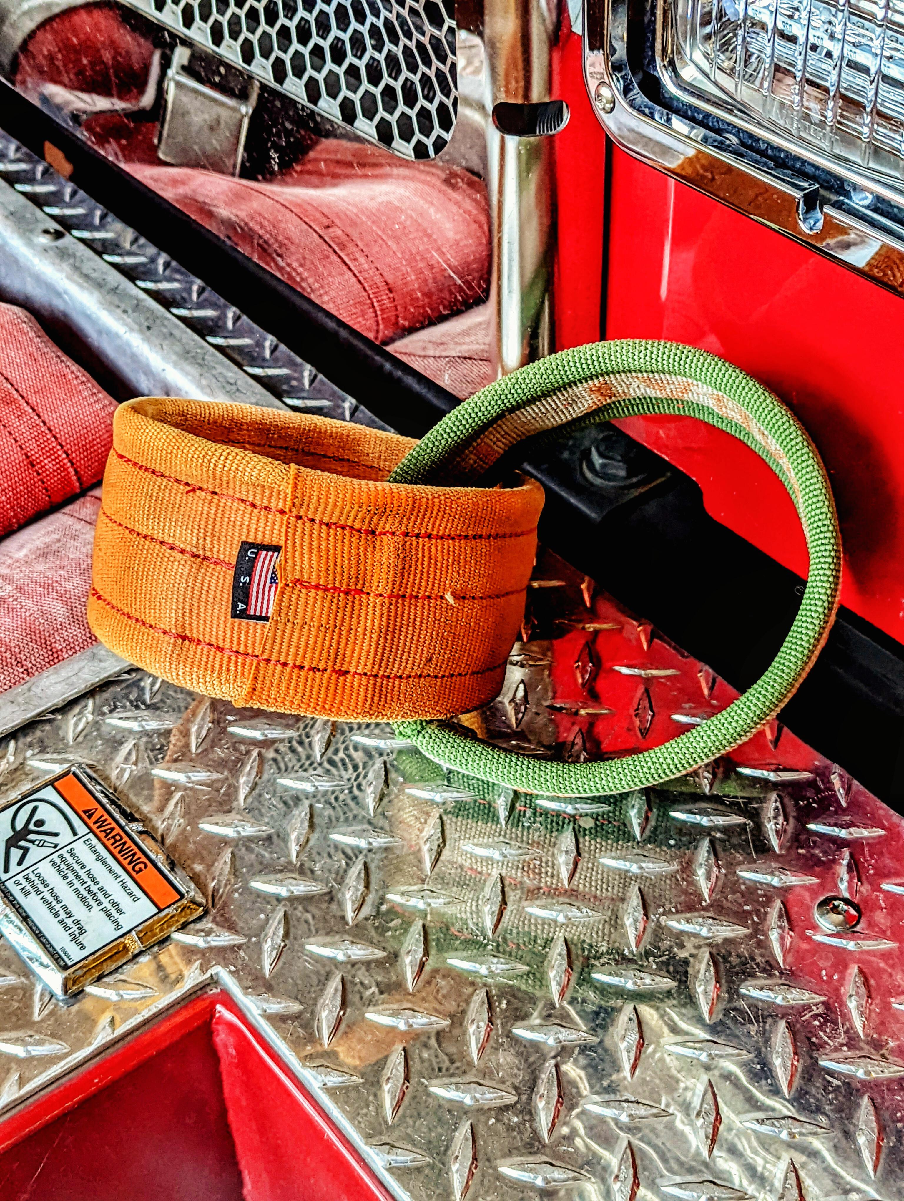 2 ring dog toy made out of repurposed structural fire hose