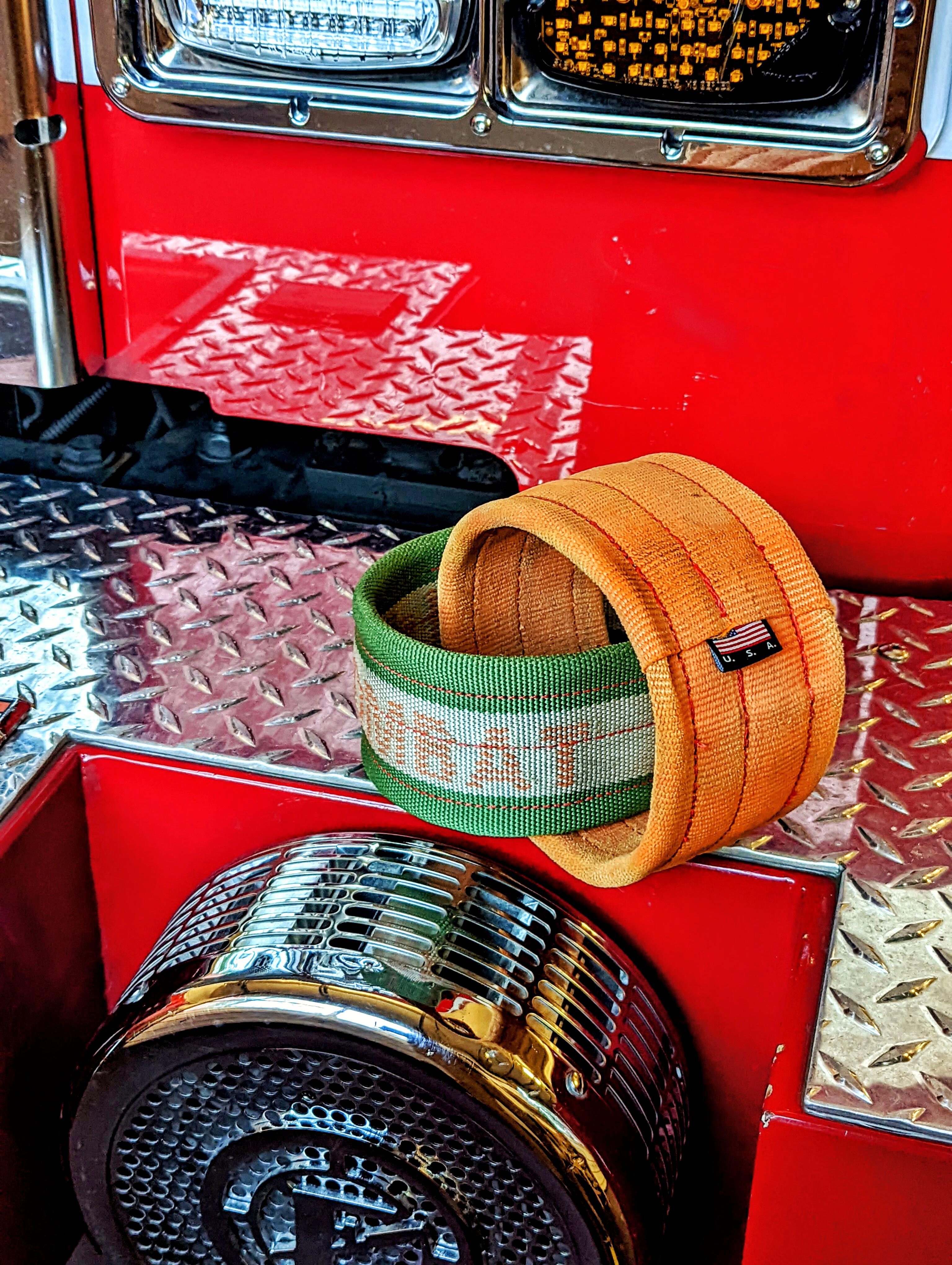 2 ring dog toy made out of repurposed structural fire hose