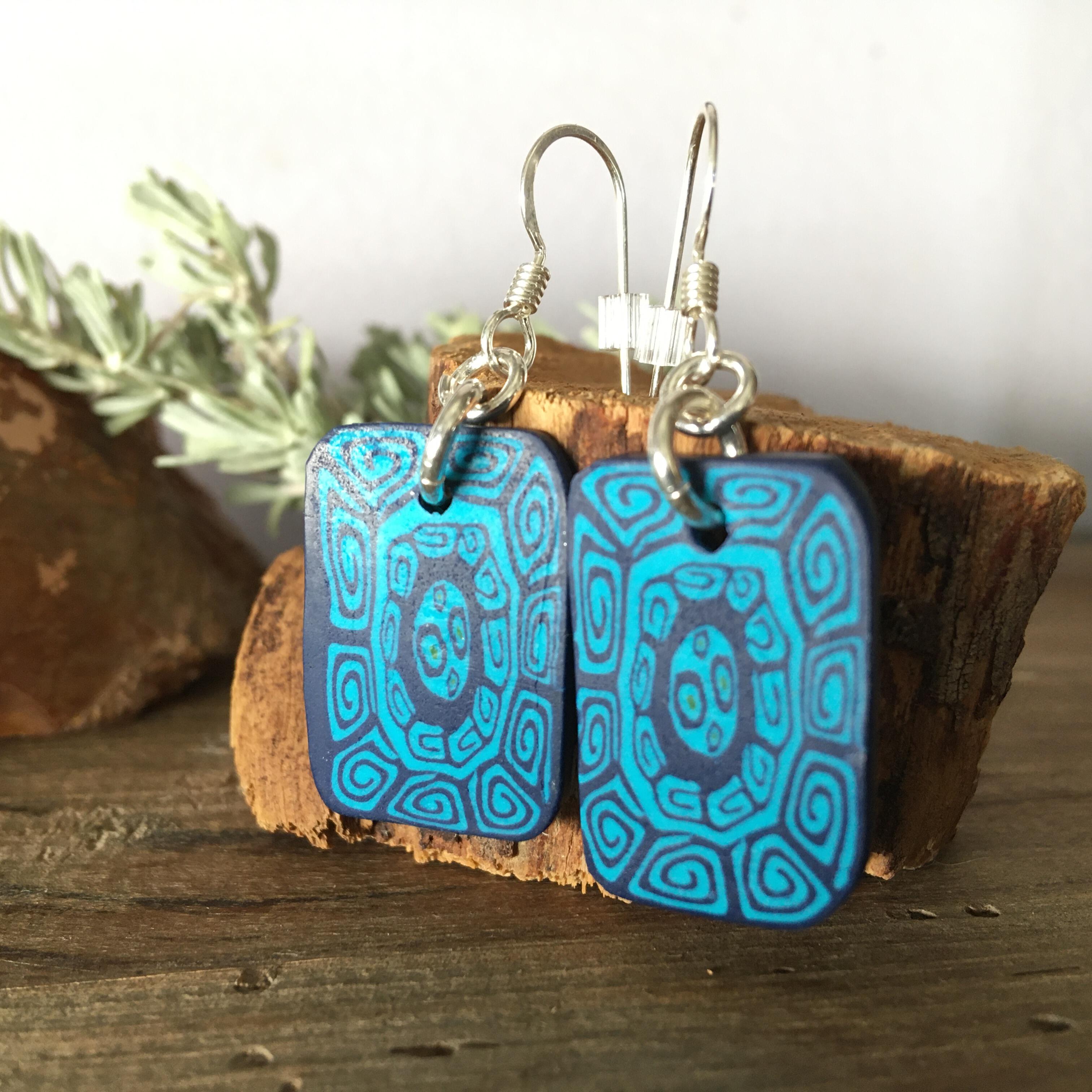 Jewelry :: Earrings :: Dangle & Drop Earrings :: Handmade Baked Clay  Jewelry Set. Blue Polymer Clay Earrings, Matching Necklace Optional.  Quality Sterling Silver, Hypo Allergenic, Handcrafted Clay Jewelry.