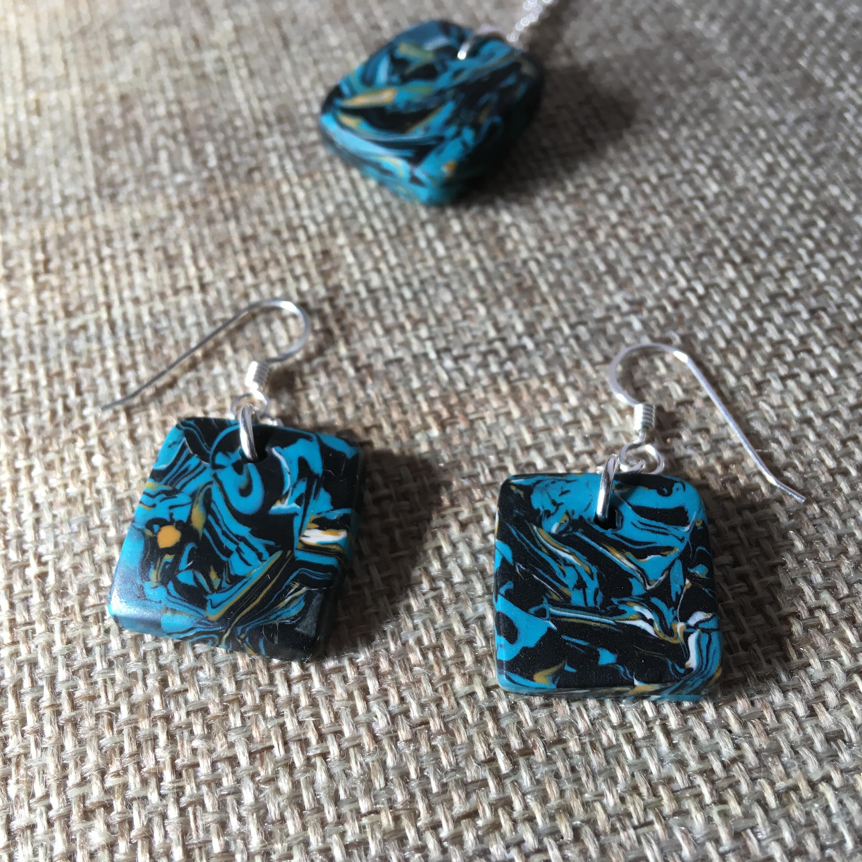 Handmade Polymer Clay Earrings - Turquoise Gem Dangles - Ready to