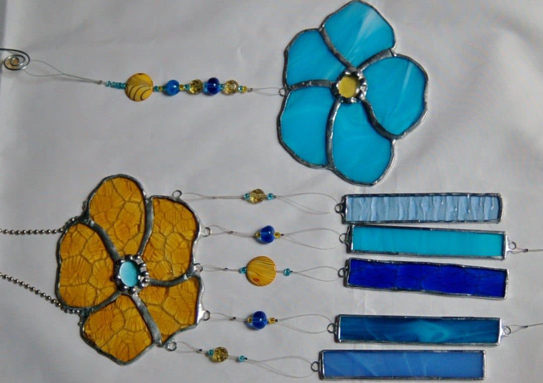 Stained offers Glass Blue Birds & Flowers Beaded Wind Chime Sun Catcher Mobile