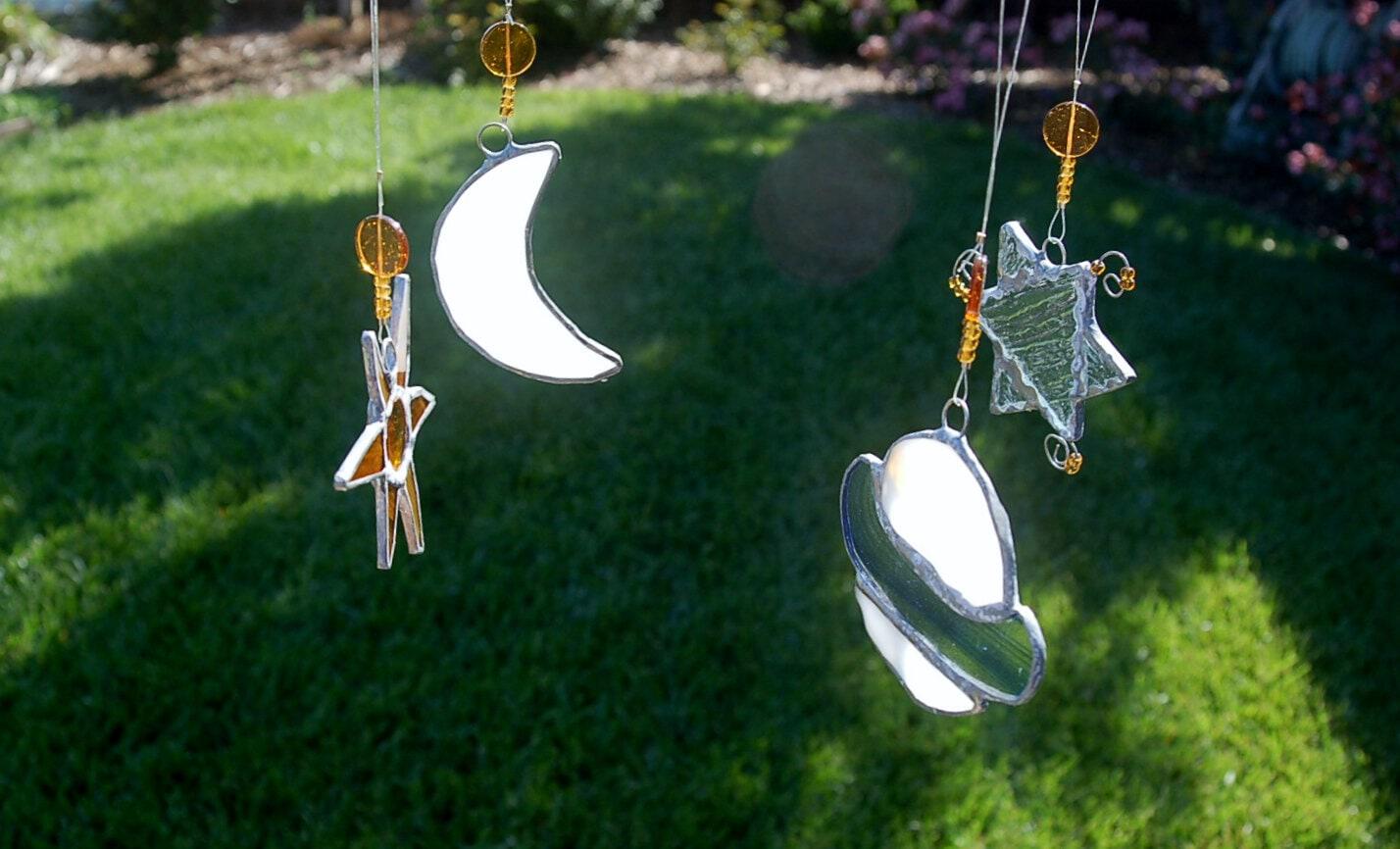 Suncatcher crescent moon with sakura Stained glass offers Wall room decor moon Home decor panel Flower decor Mothers day gift idea