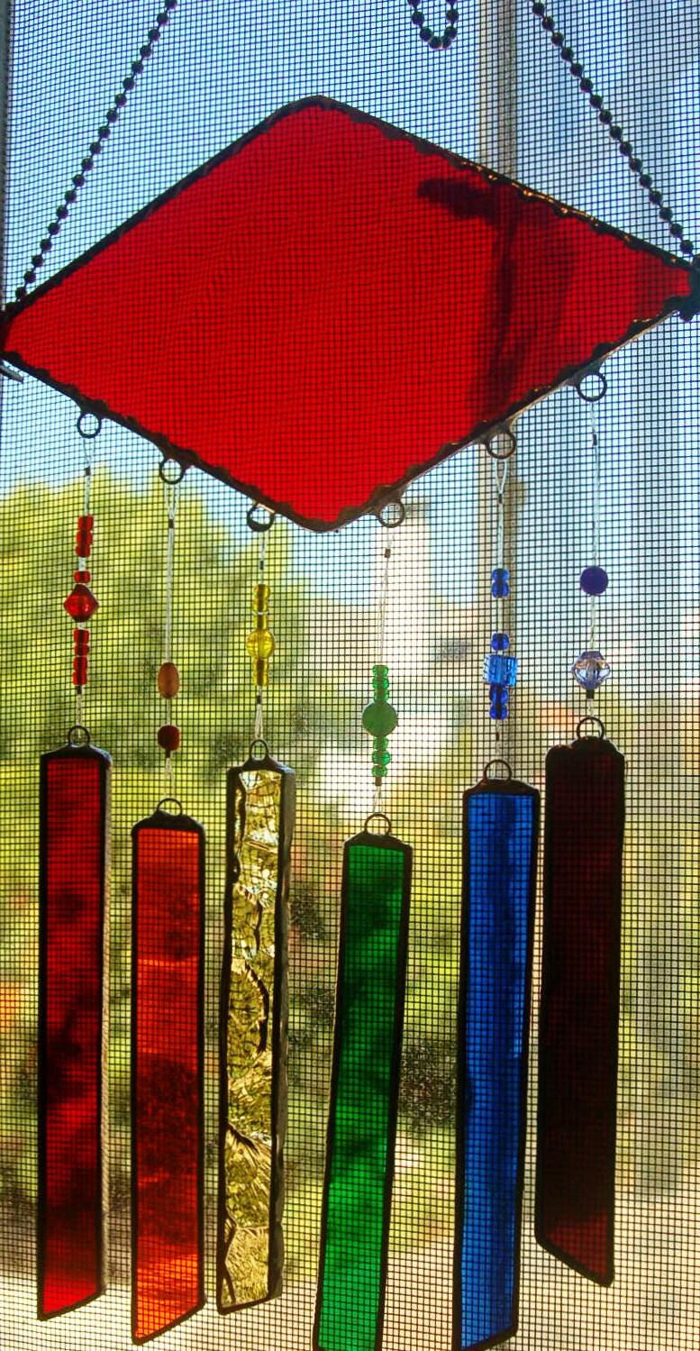 Stained Glass Wind Chimes Ruby Red with Rainbow popular of Colors and Decorative Glass Beads