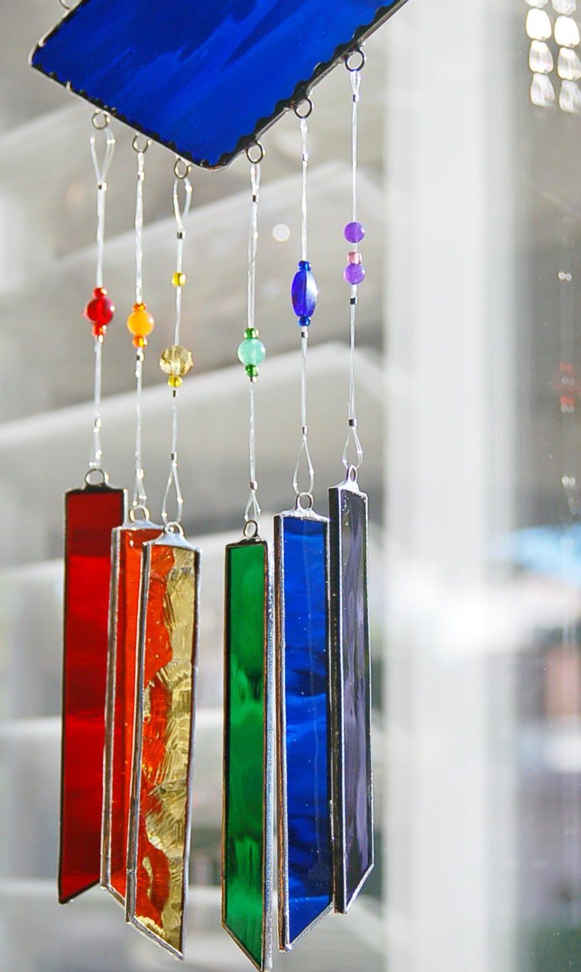 Stained Glass Wind Chimes Ruby Red with Rainbow popular of Colors and Decorative Glass Beads