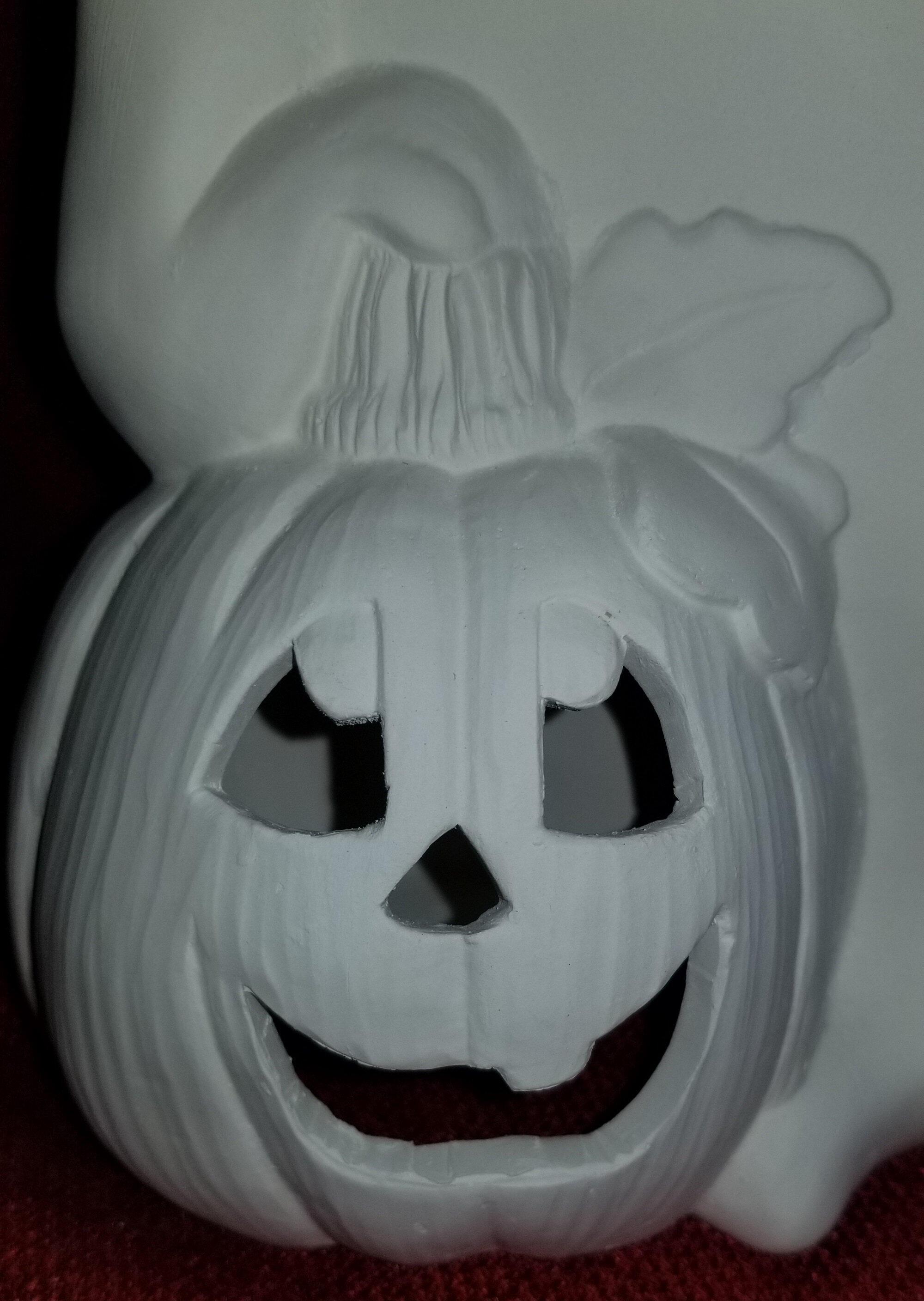 Products Unpainted Ceramic Bisque Halloween Ghost LIGHTS UP Holding Candle Resting on Pumpkin