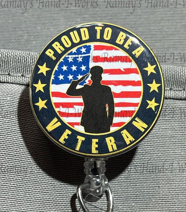 Proud to be a Veteran Retractable Badge Reel & Lanyard Badge Holder