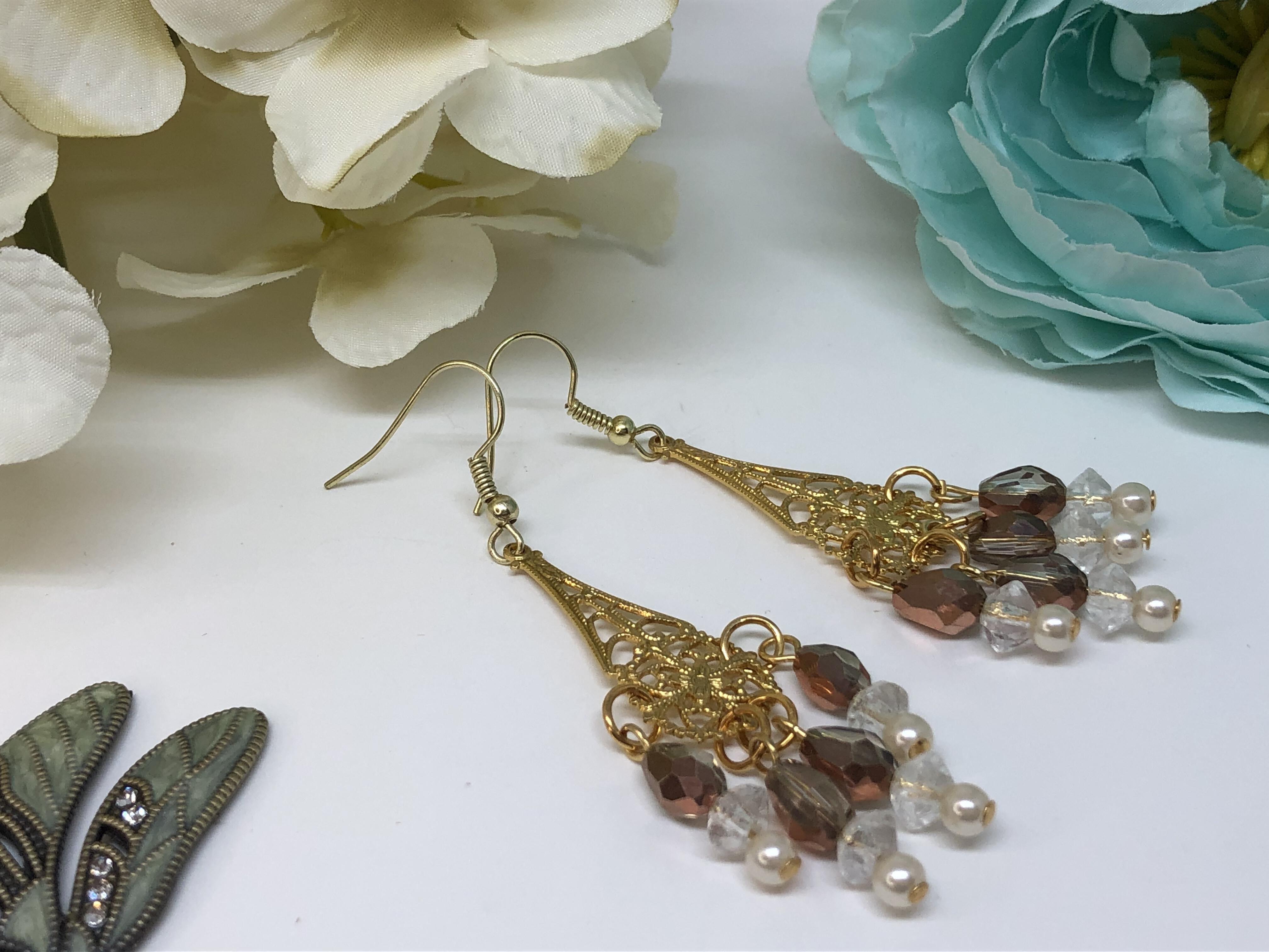 Handmade Teardrop Chandelier with Rose Gold Drops and Crystals Earrings