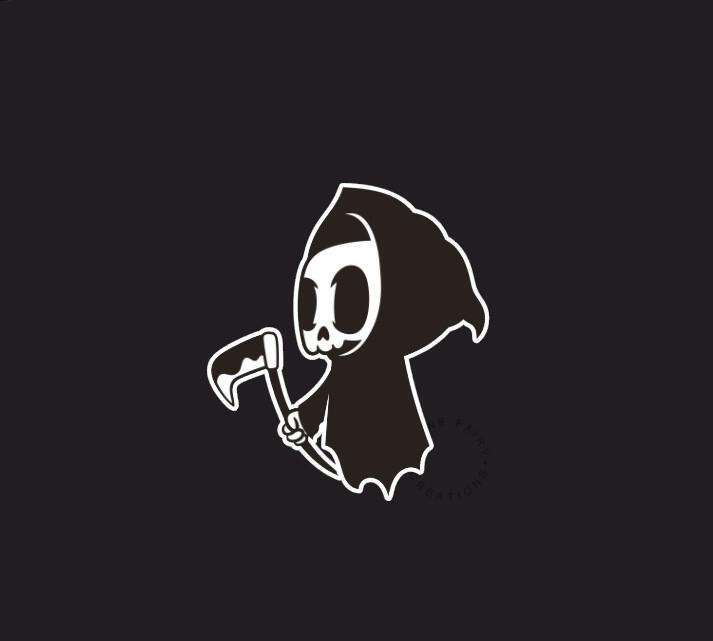 an illustration of grim reaper, full body, relaxing in