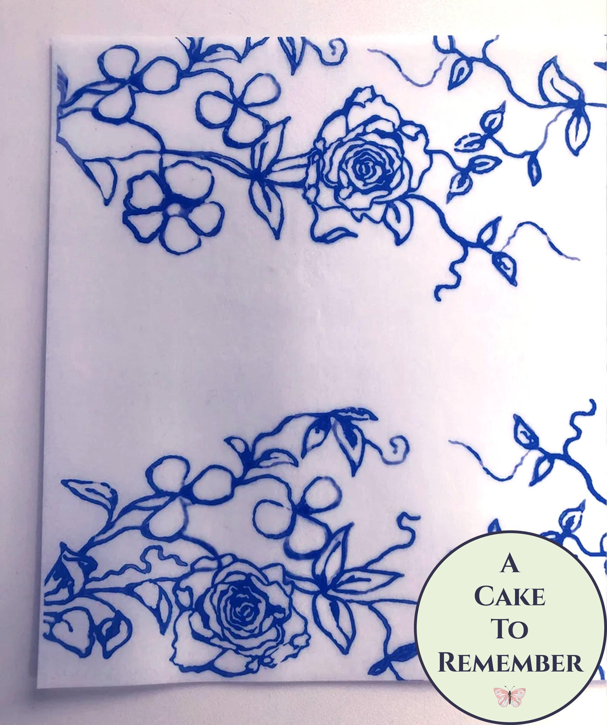 Blue Printed Edible Wafer Paper - Flower Pattern