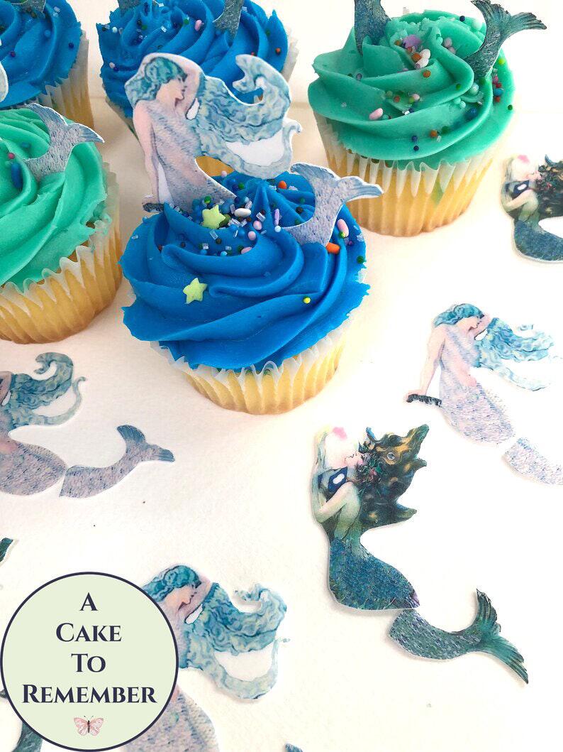 Products :: 12 mermaid cupcake toppers, printed on edible wafer card to  stand up. Perfect for mermaid birthday party decor or under the sea party.
