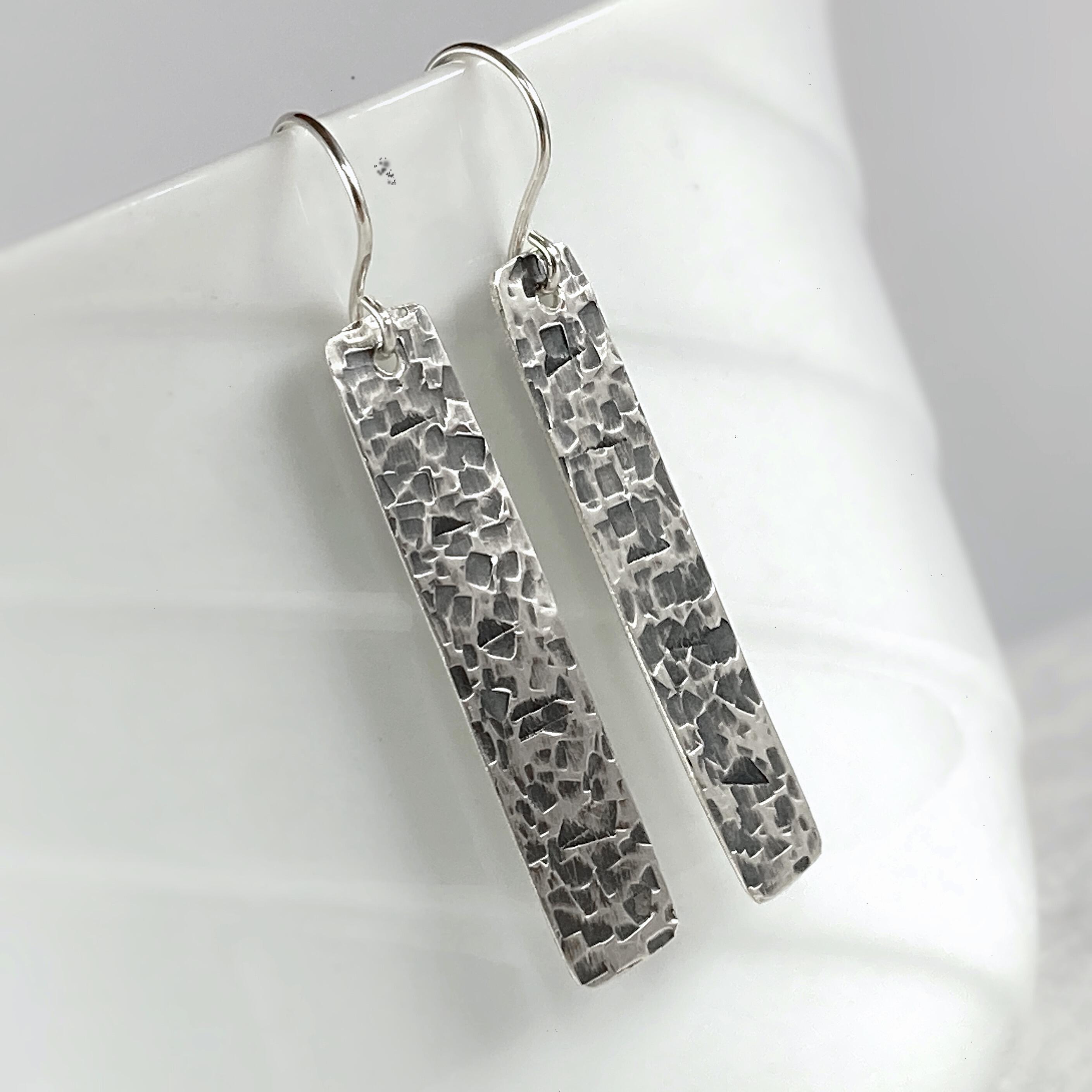 Hammered Rectangle Bar Earrings in Sterling Silver that are 2 and