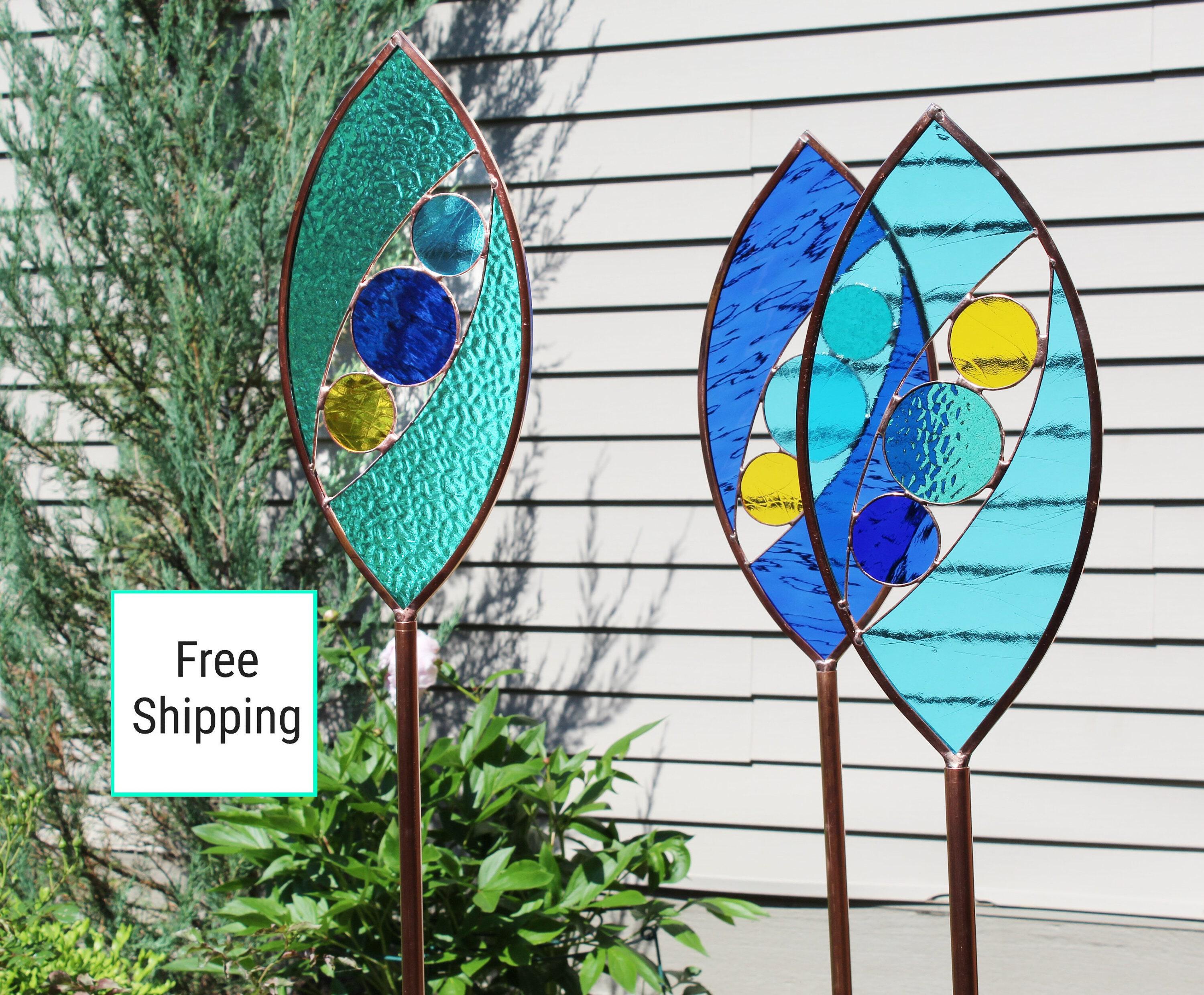 Blue Mix Mix curved Plant Stake. Copper and stained glass garden 4x21 inch . outlet Free Shipping!