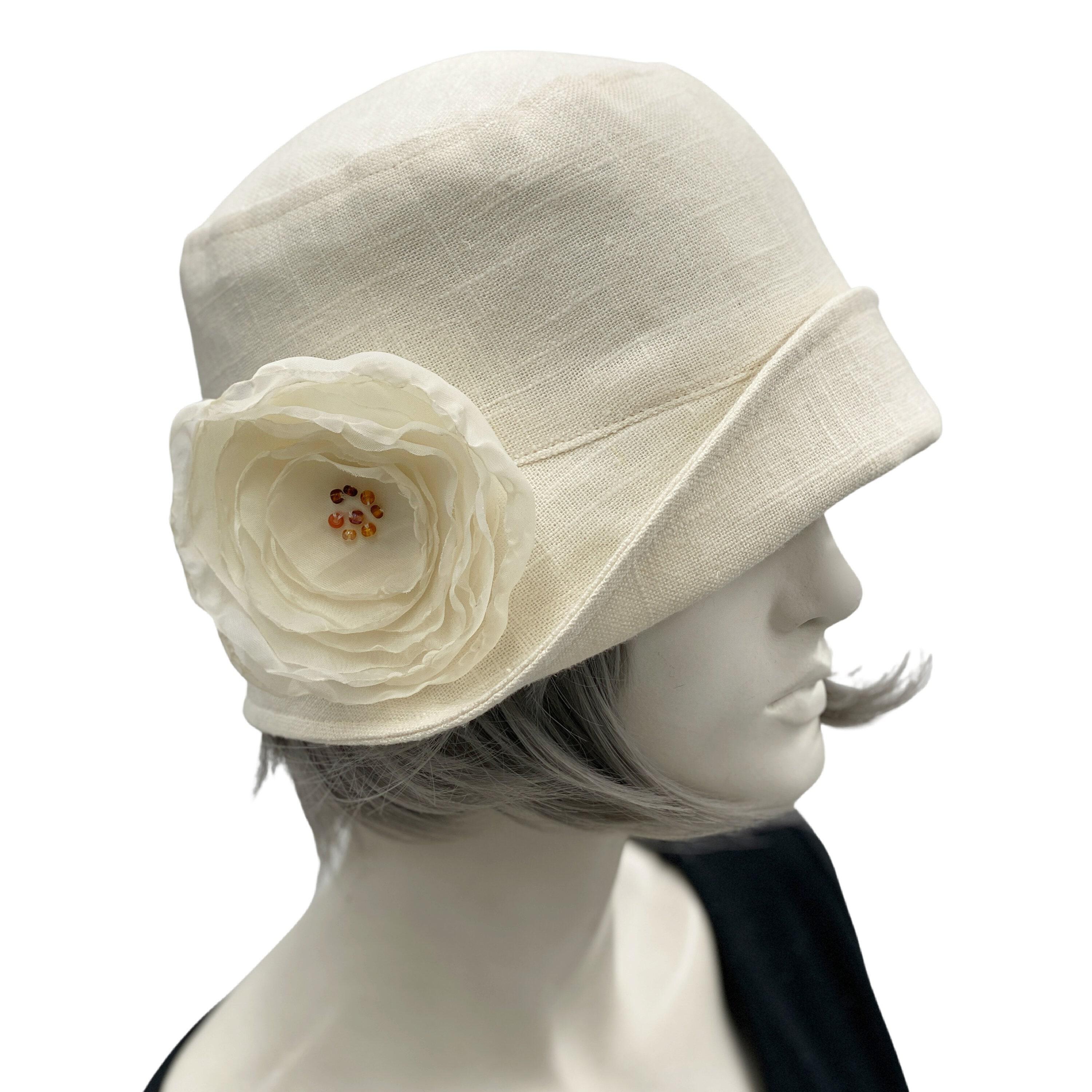 Products :: 1920s Cloche Hat Women Handmade in Cream Linen or Choose Your  Color, With Chiffon Rose Brooch