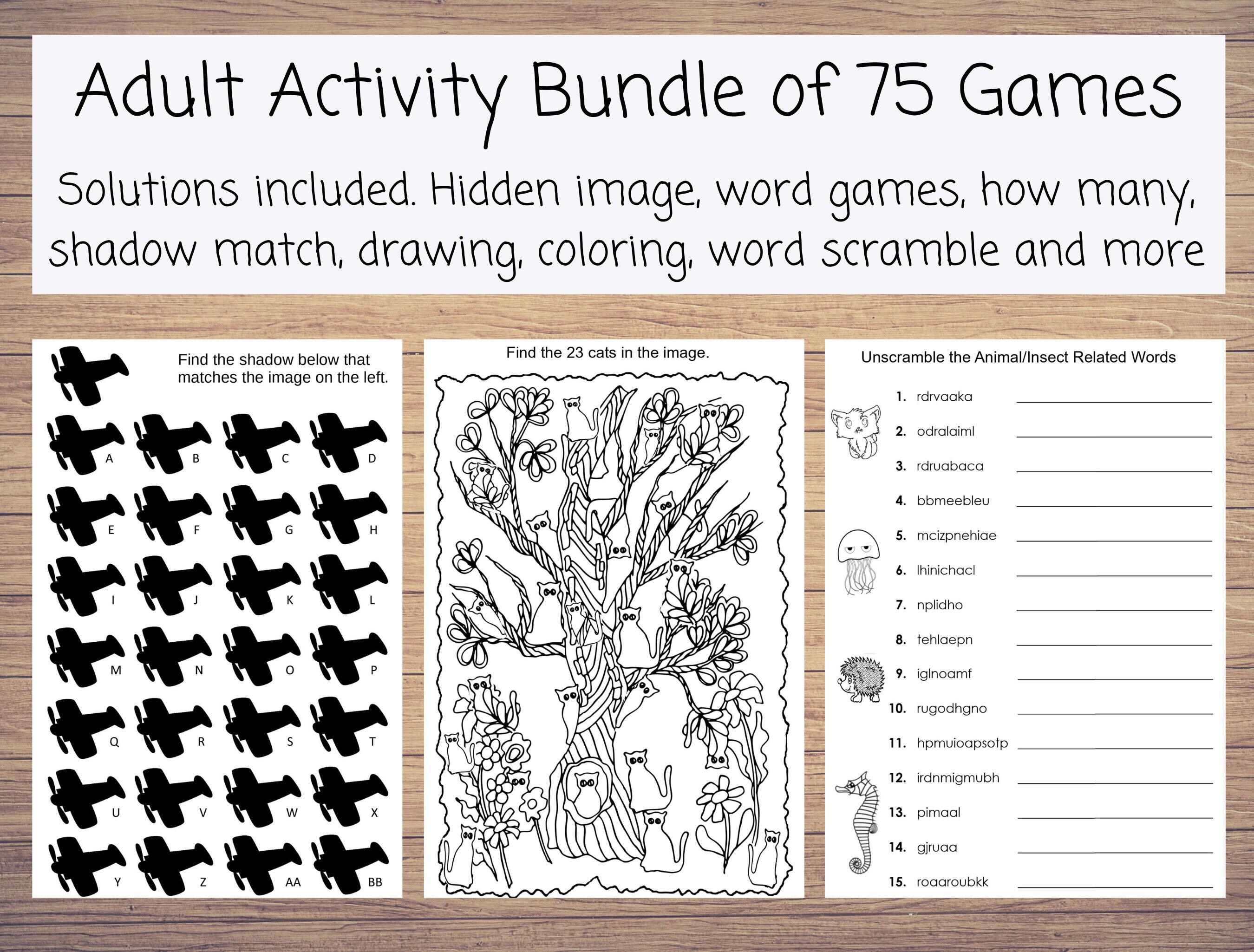 75 Printable Adult Activities, Adult Games: Coloring, Spot Difference,  Dot-to-Dot, Number Games, Word Games, Hidden Image, Mazes, Sudoku.