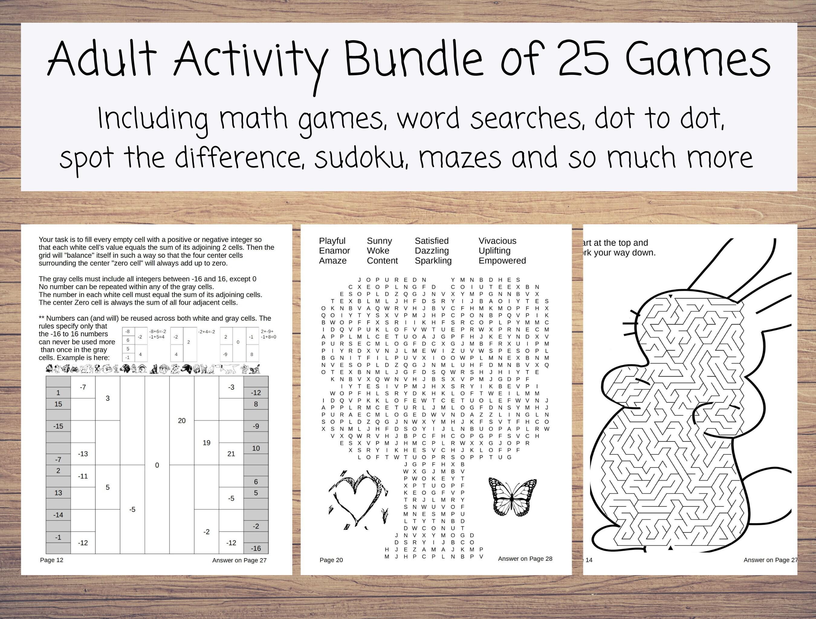 25 Printable Adult Activities Adult Games Coloring, Dot-to-Dot, Hidden  Image, Mazes, Spot the Difference, Sudoku, Word Search, Word Scramble