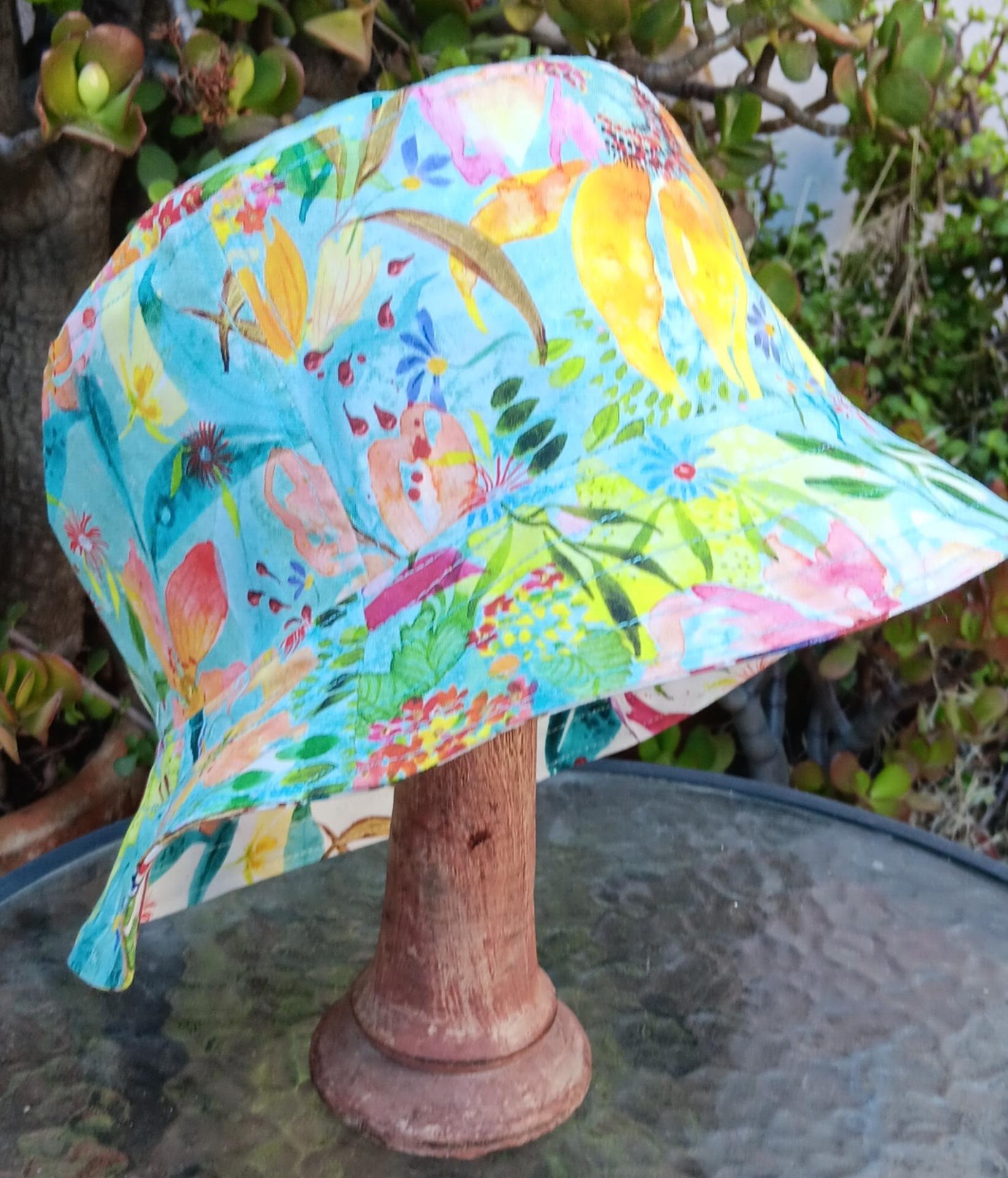 Clothing & Accessories :: Hats :: Aqua / Black Reversible Watercolor Floral Bucket  Hat, S-XXL, with Ponytail Option