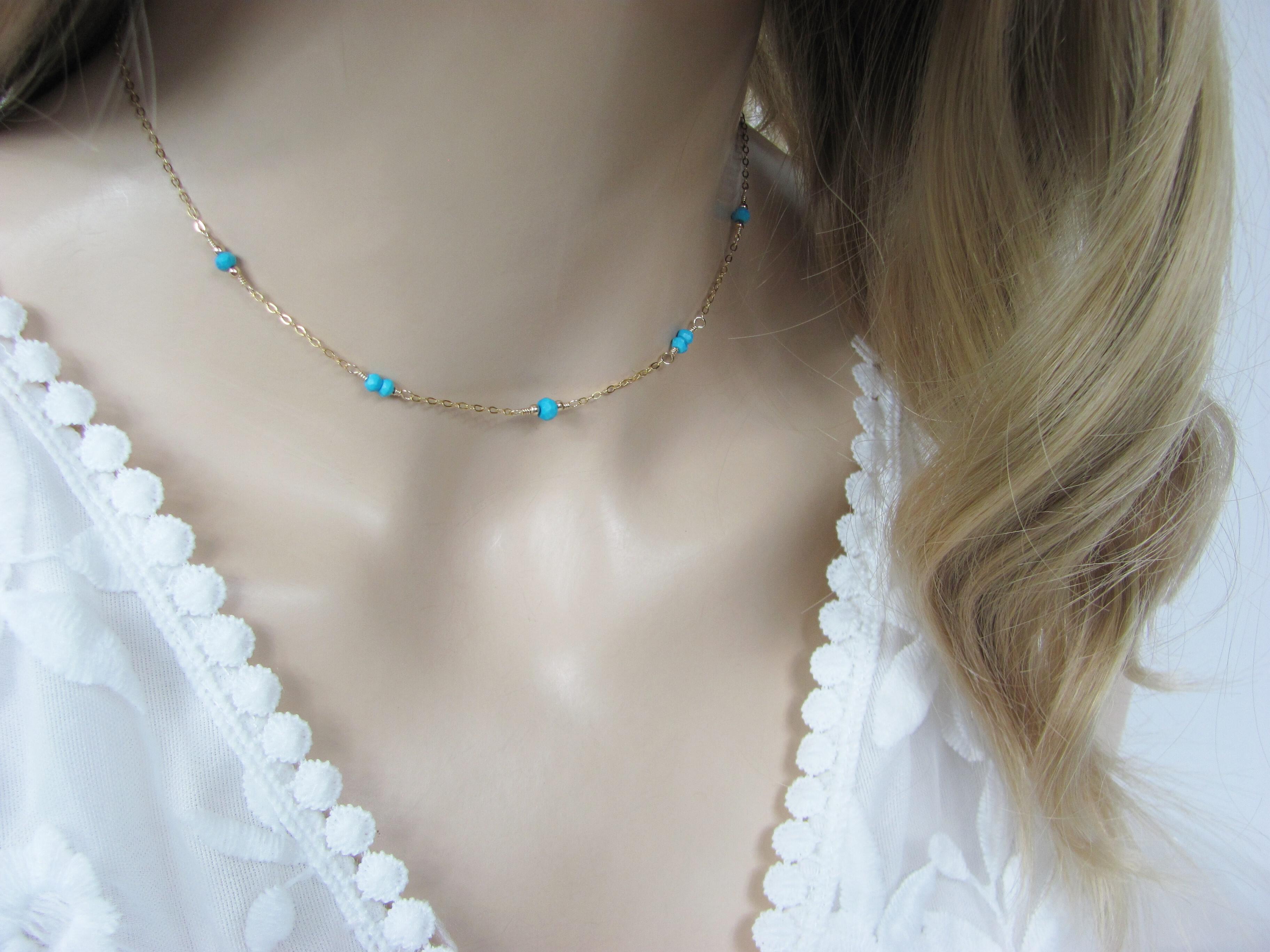 Dainty Turquoise Station Necklace 14K Gold Filled