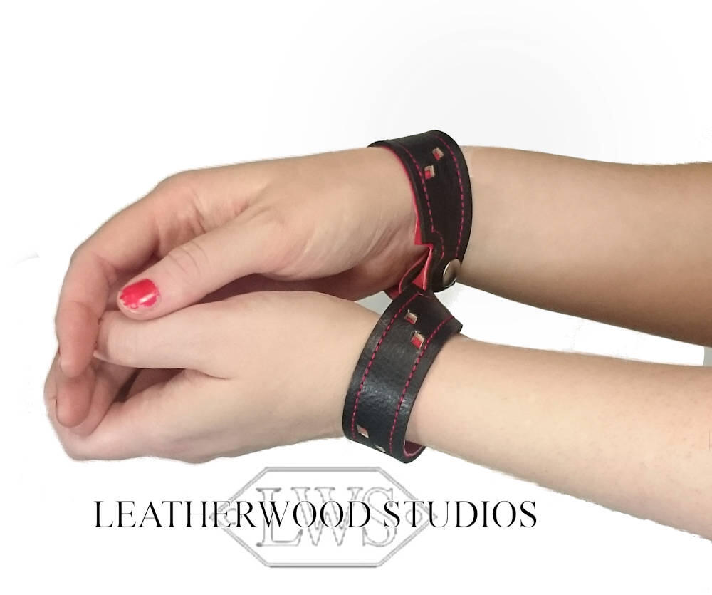Heavy Padded Leather Bondage Cuffs Red and Black