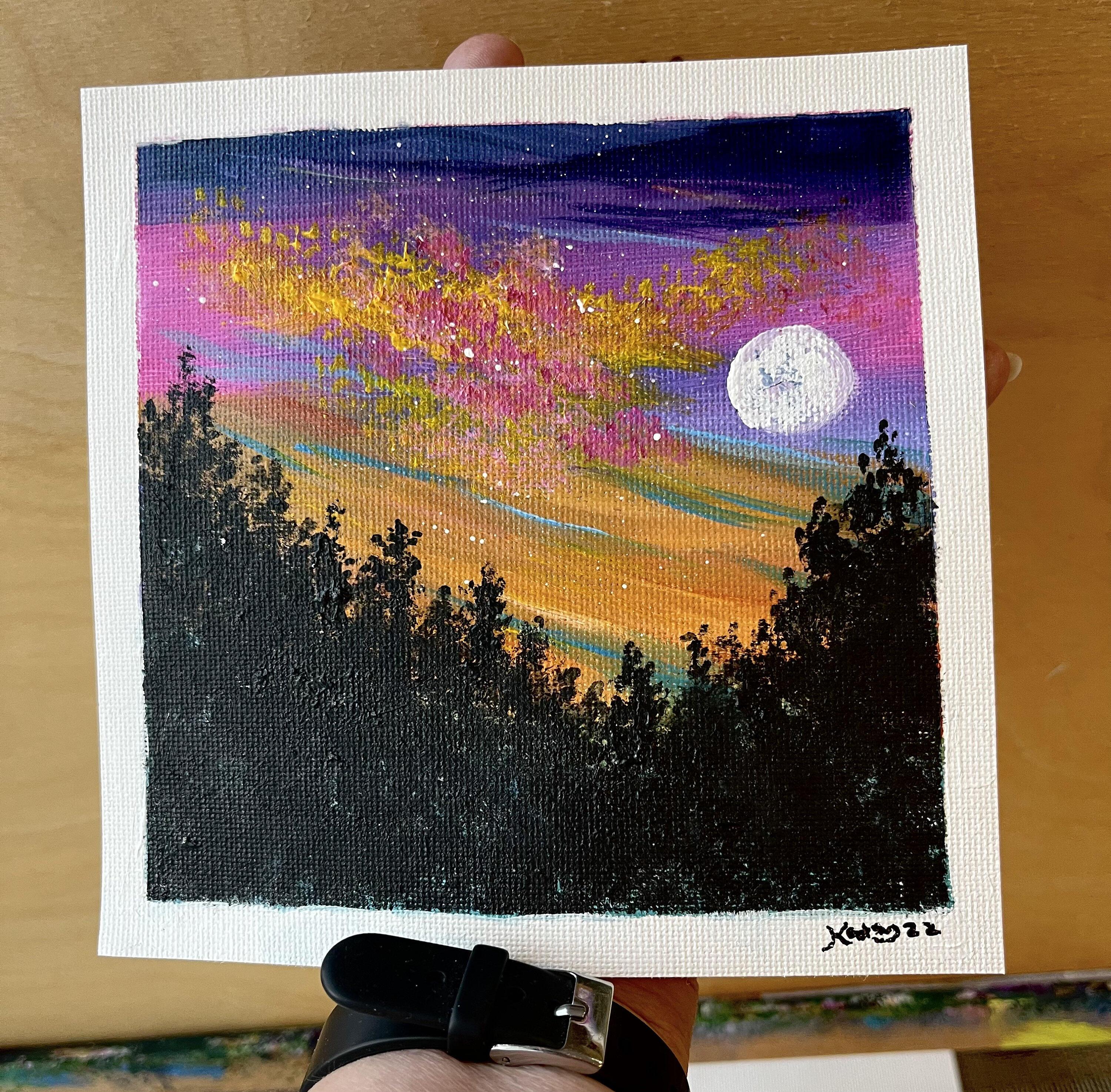 Original 11x14 Acrylic Painting on Canvas starry Night Forest Full Moon,  Celestial Stars, Forest Trees 