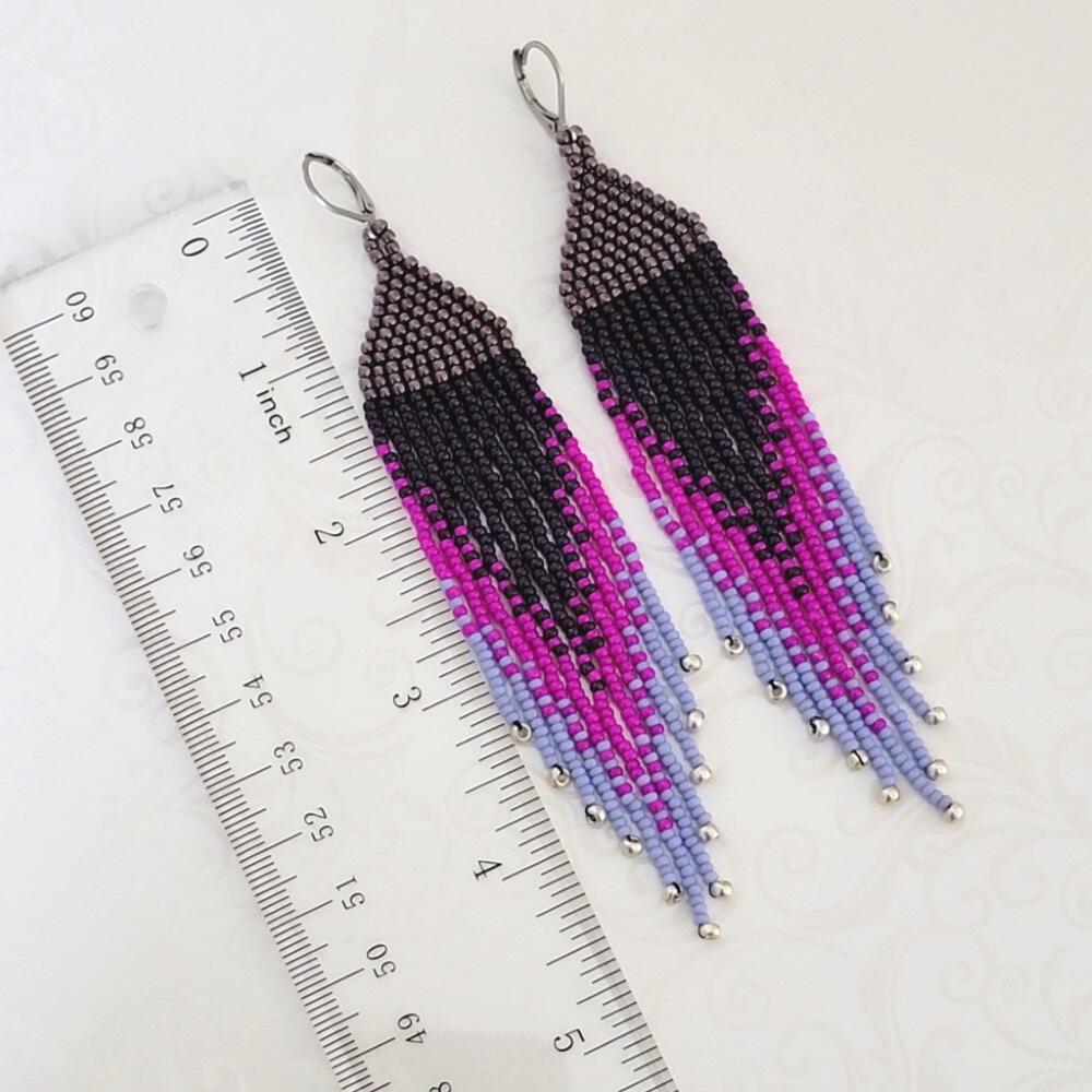 Seed bead native boho fringe earrings Beaded violet hot green earrings