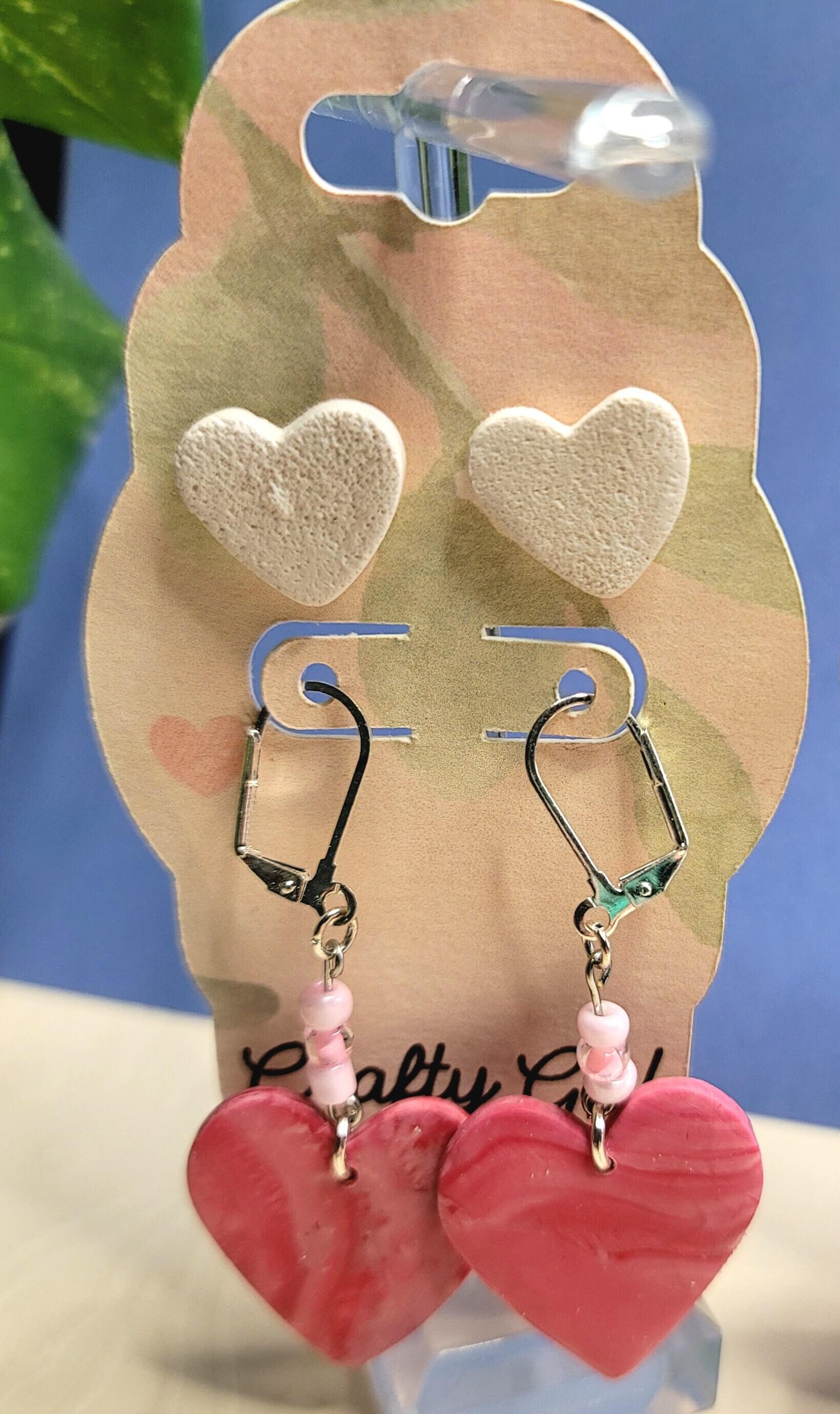 Heart polymer clay earrings. Lightweight earrings. Made in a modern clay  earring designs. Hoops,accent beads, and hearts make a great gift.