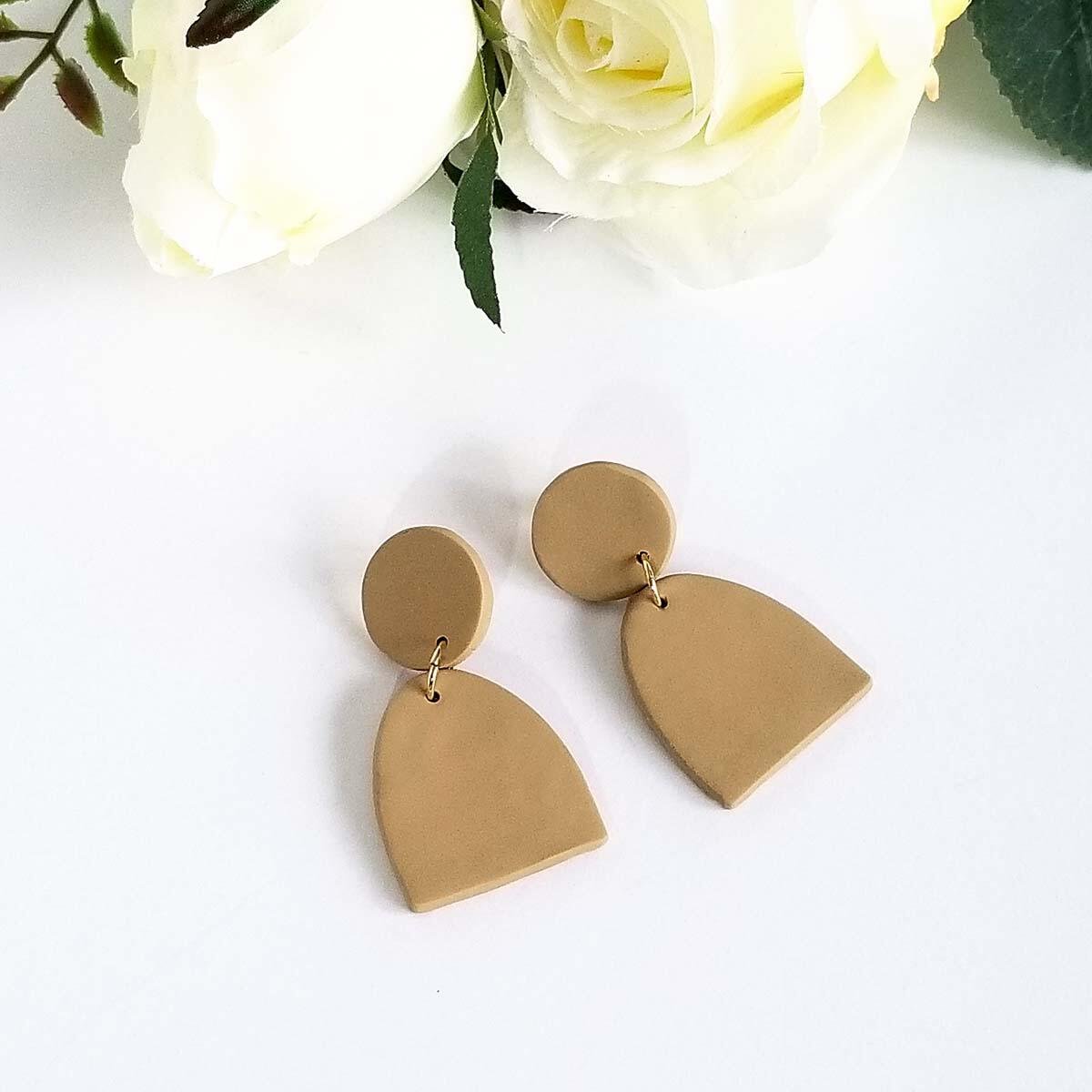 Lightweight Tan Neutral Abstract Clay Dangle Earrings