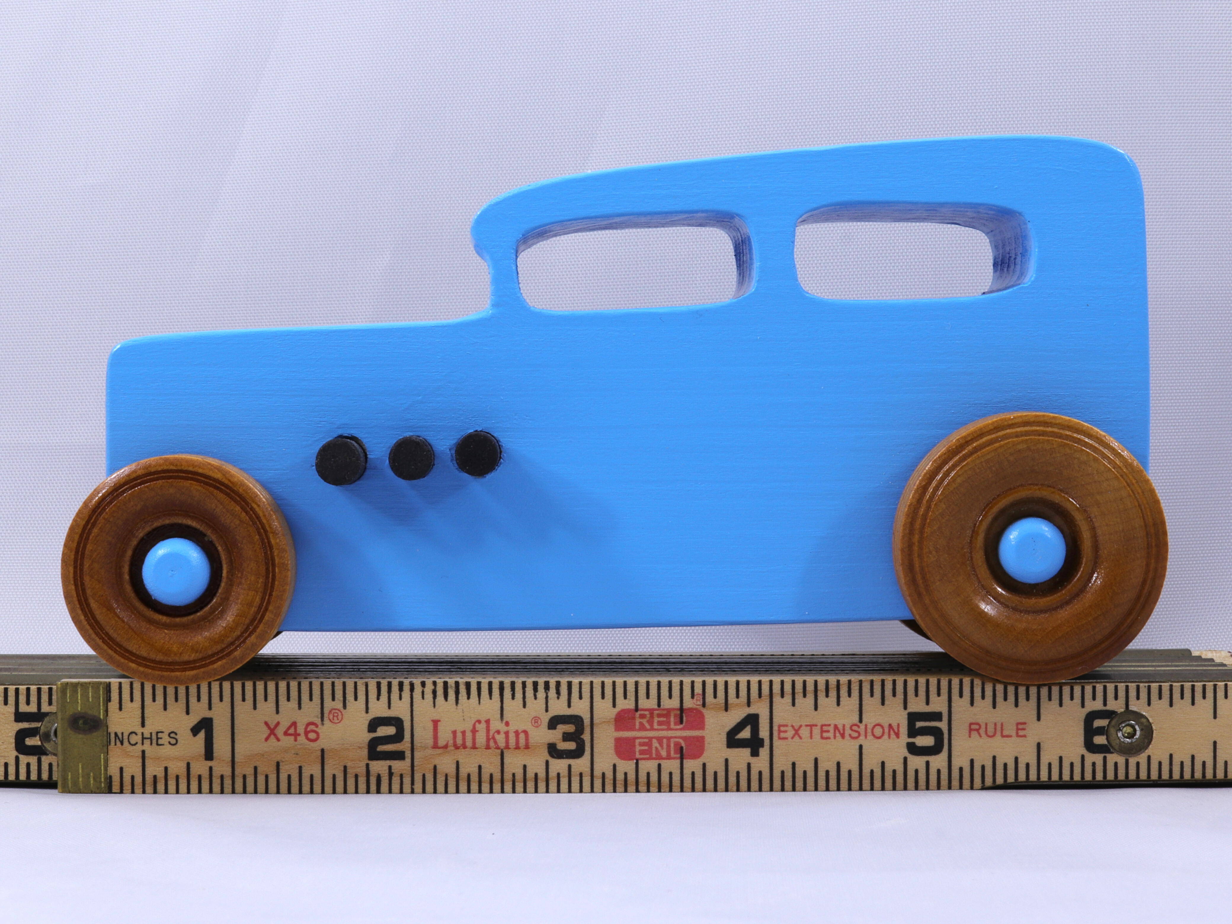 Handmade Wood Toy Car, Hot Rod Classic 1932 Sedan Painted with Baby Blue  and Black Acrylic Paint and Amber Shellac