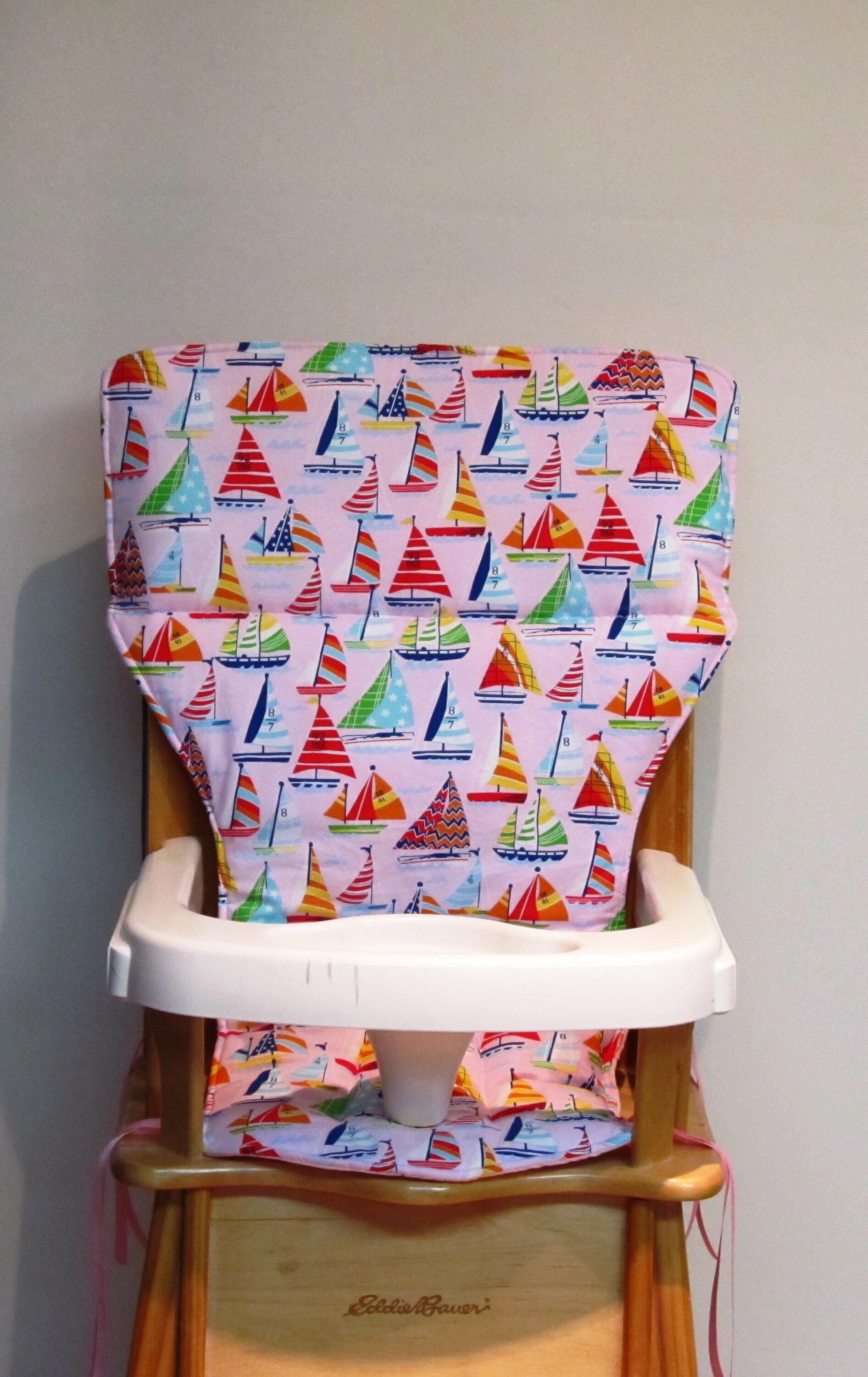 Eddie Bauer wooden highchair replacement pad, nautical wood chair cushion, sailboats on pink