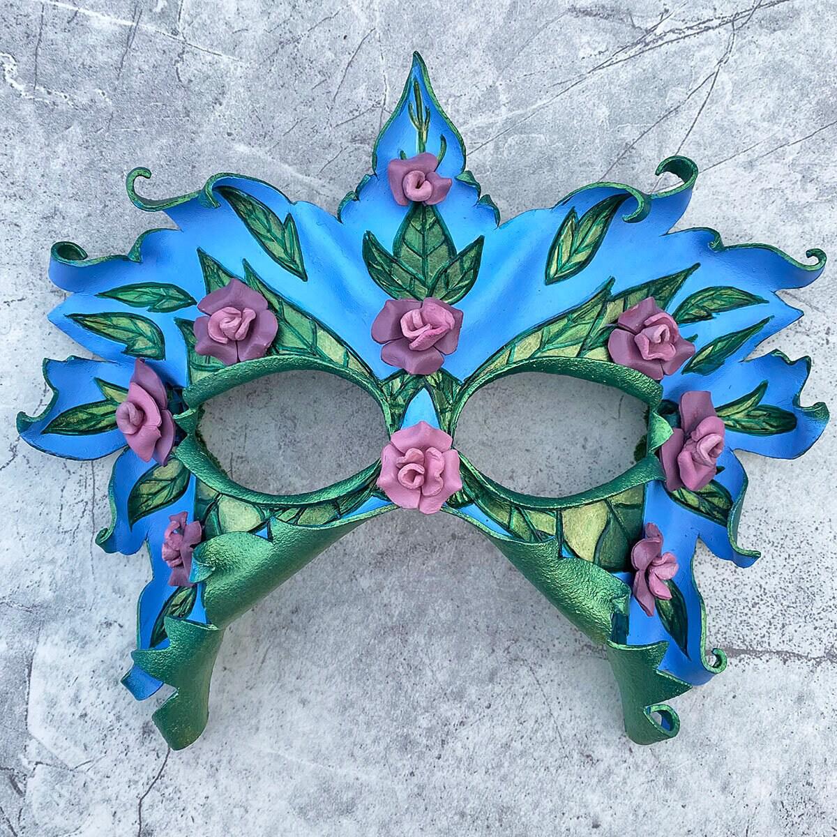 Products :: Spring dryad masquerade mask with sculpted leather roses.  Rosebud fairy costume in sky blue with pink flowers and green leaves.