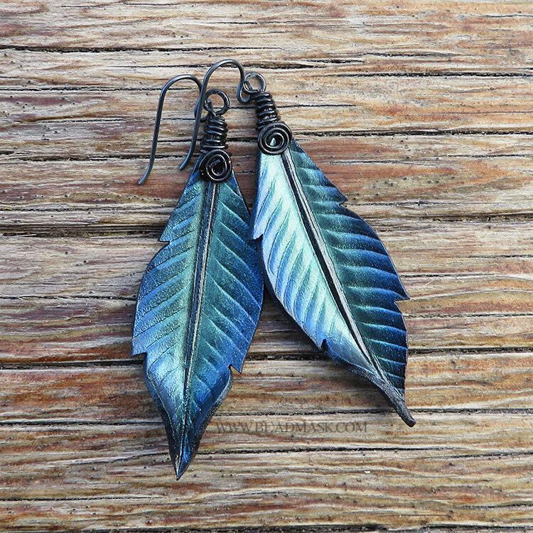 Set of Leather Peacock Feather Holiday Ornaments - Beadmask