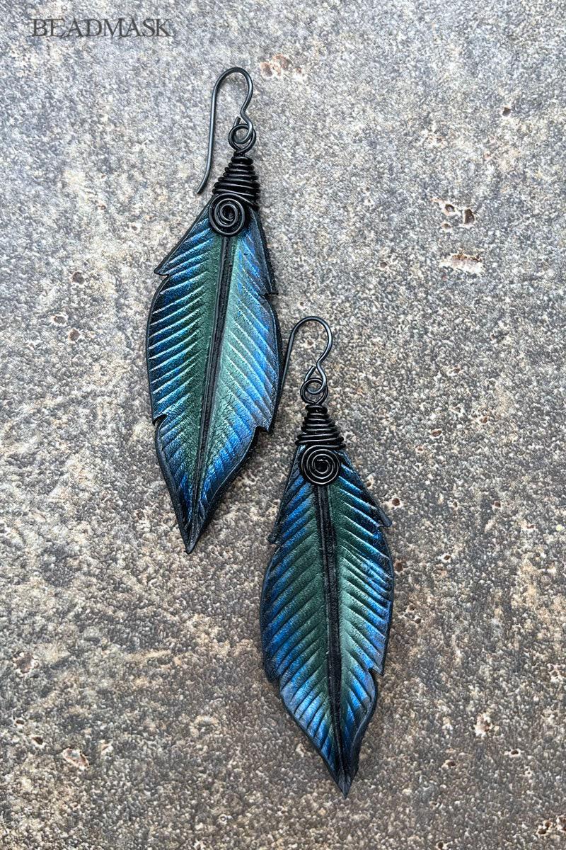 Set of Leather Peacock Feather Holiday Ornaments - Beadmask