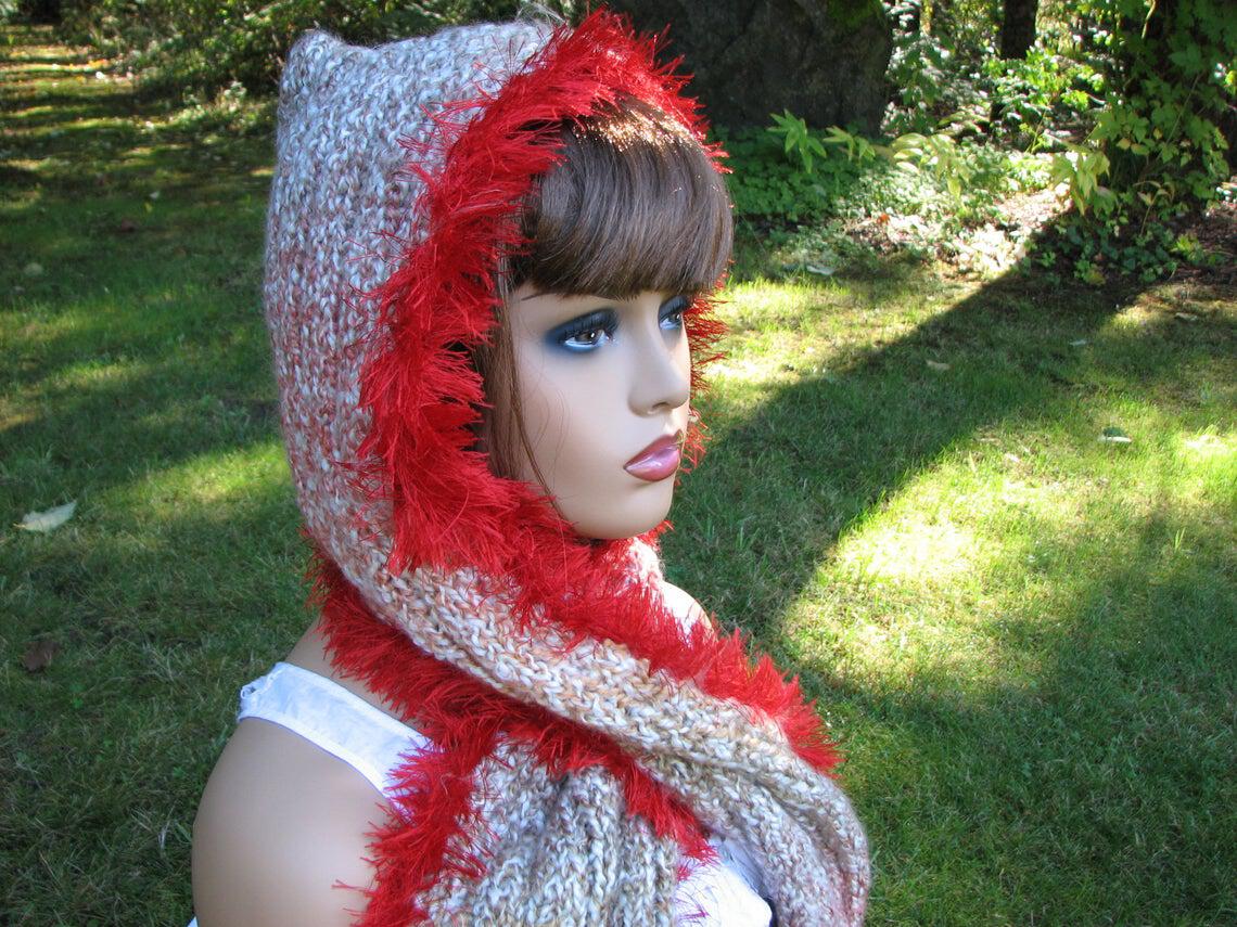 red fringe hooded wrap scarf