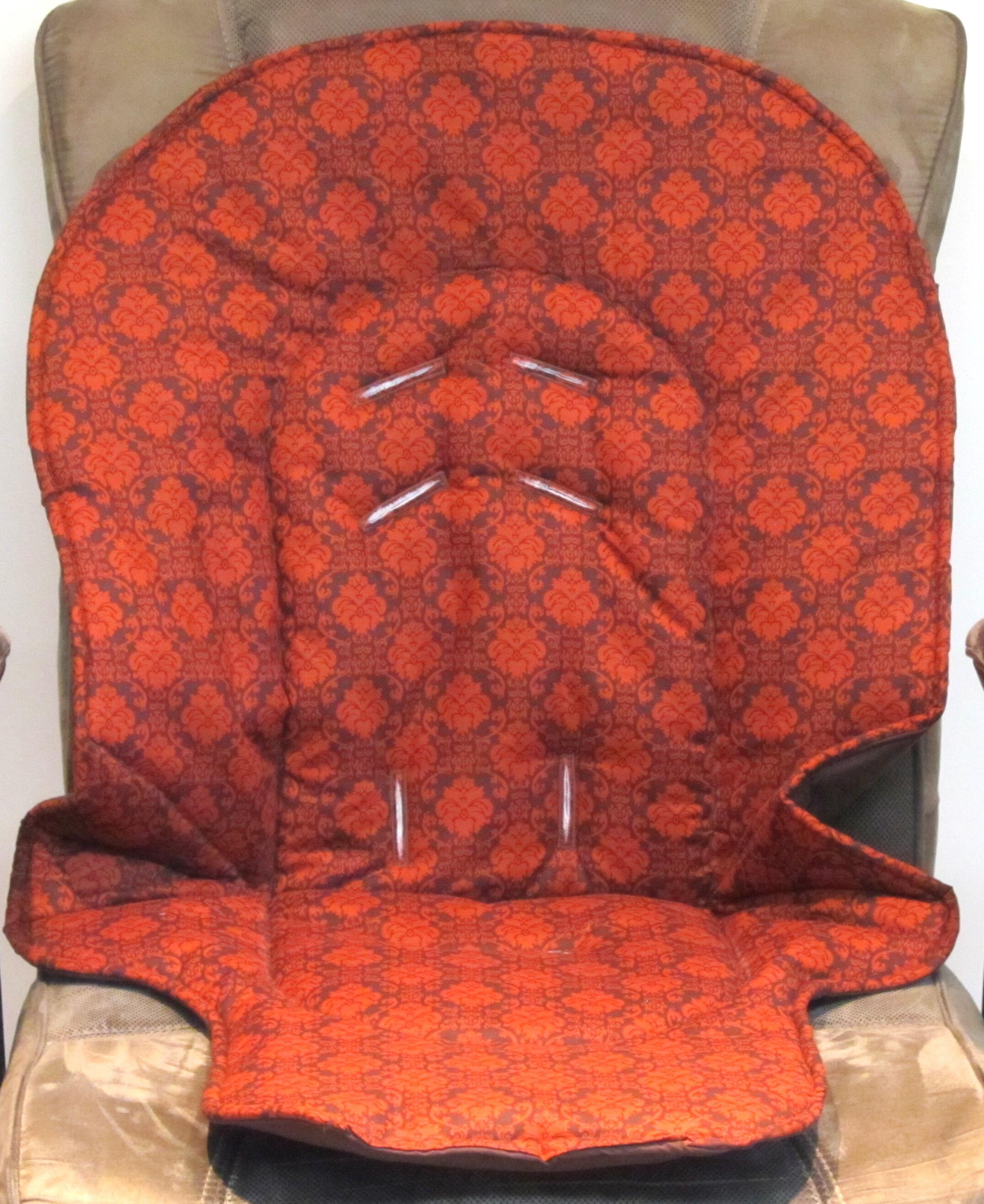 highchair cushion for Graco Duodiner older model or Blossom, replacement pad, deep rust on dark chocolate damask