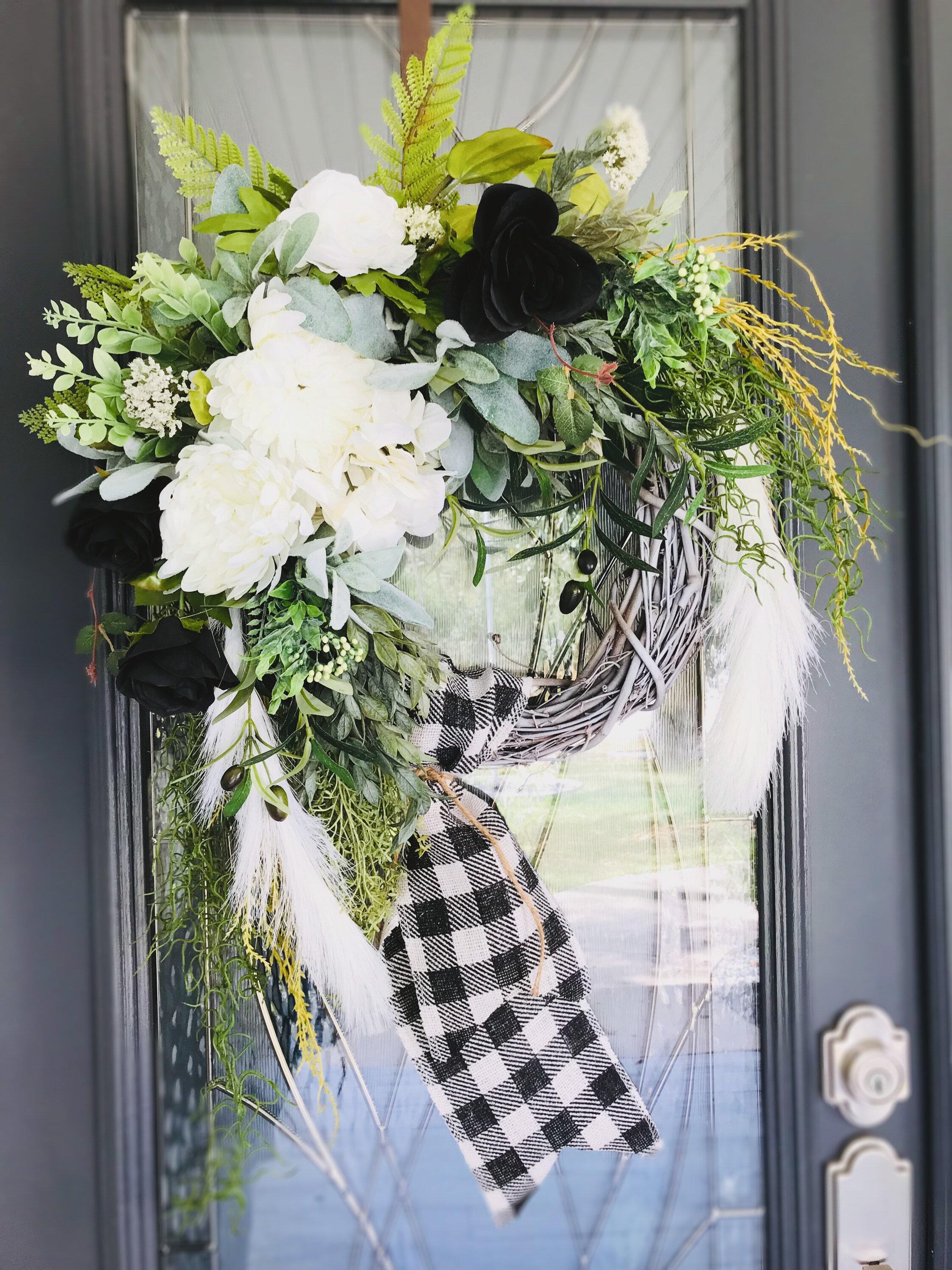 Year round door wreath, Black buffalo check wreath, Large everyday greenery  wreath