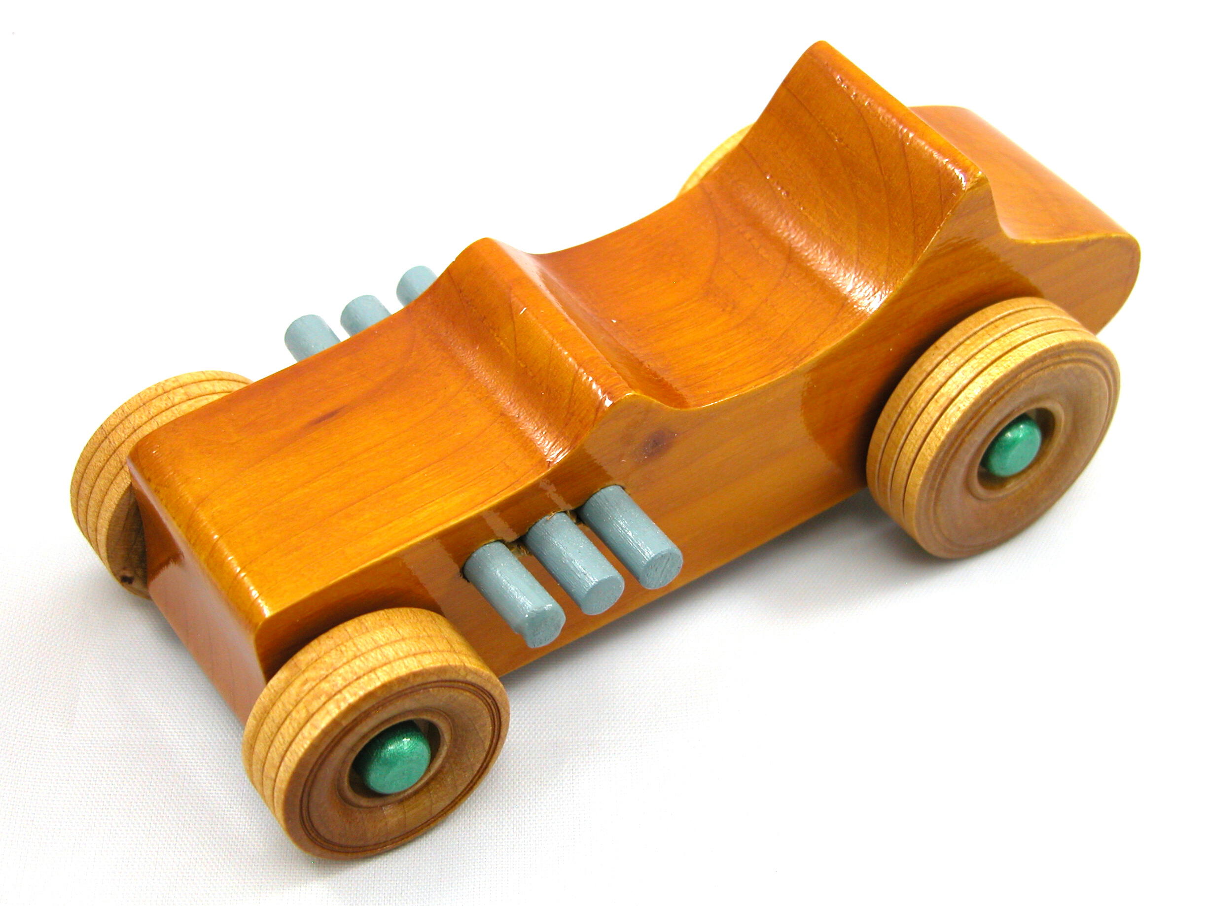 Handmade wood toy car Hot Rod 1927 T-Bucket and hand finished with amber shellac with grey and metallic emerald green.