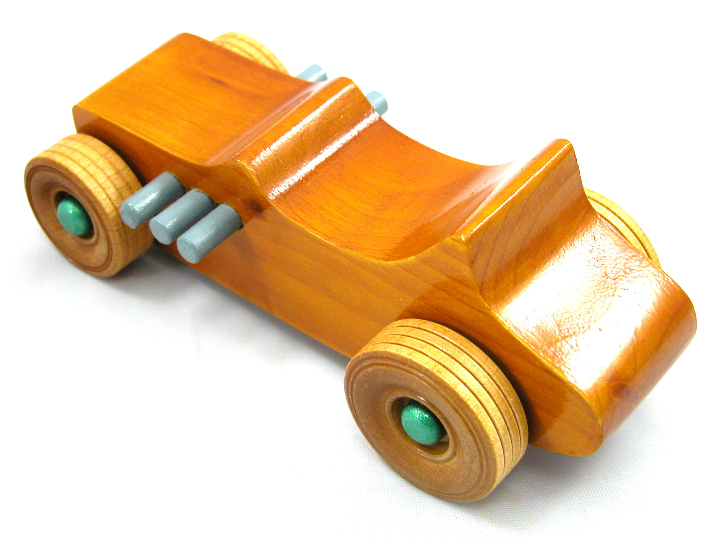 Handmade wood toy car Hot Rod 1927 T-Bucket and hand finished with amber shellac with grey and metallic emerald green.