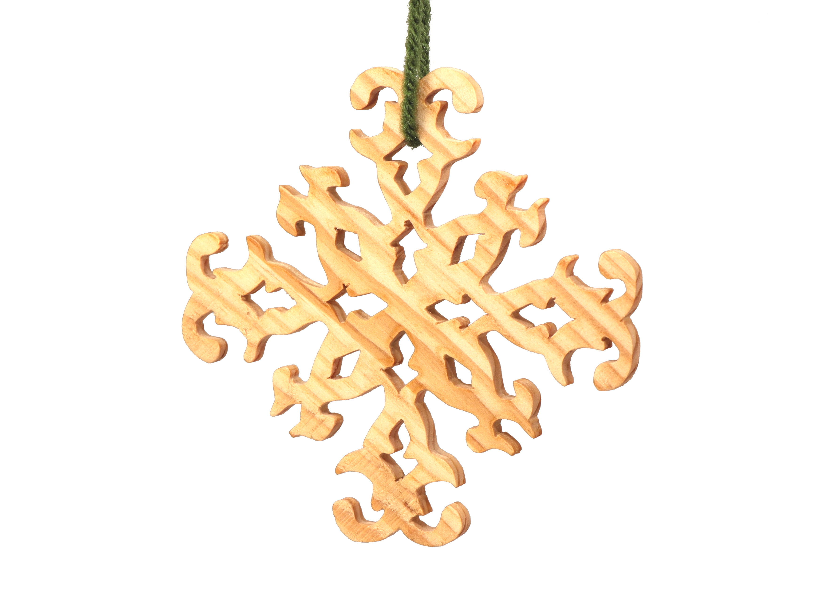 Handcrafted wooden Christmas tree ornament in rustic snowflake style, meticulously finished with clear shellac for a charming holiday touch, proudly made in the USA.