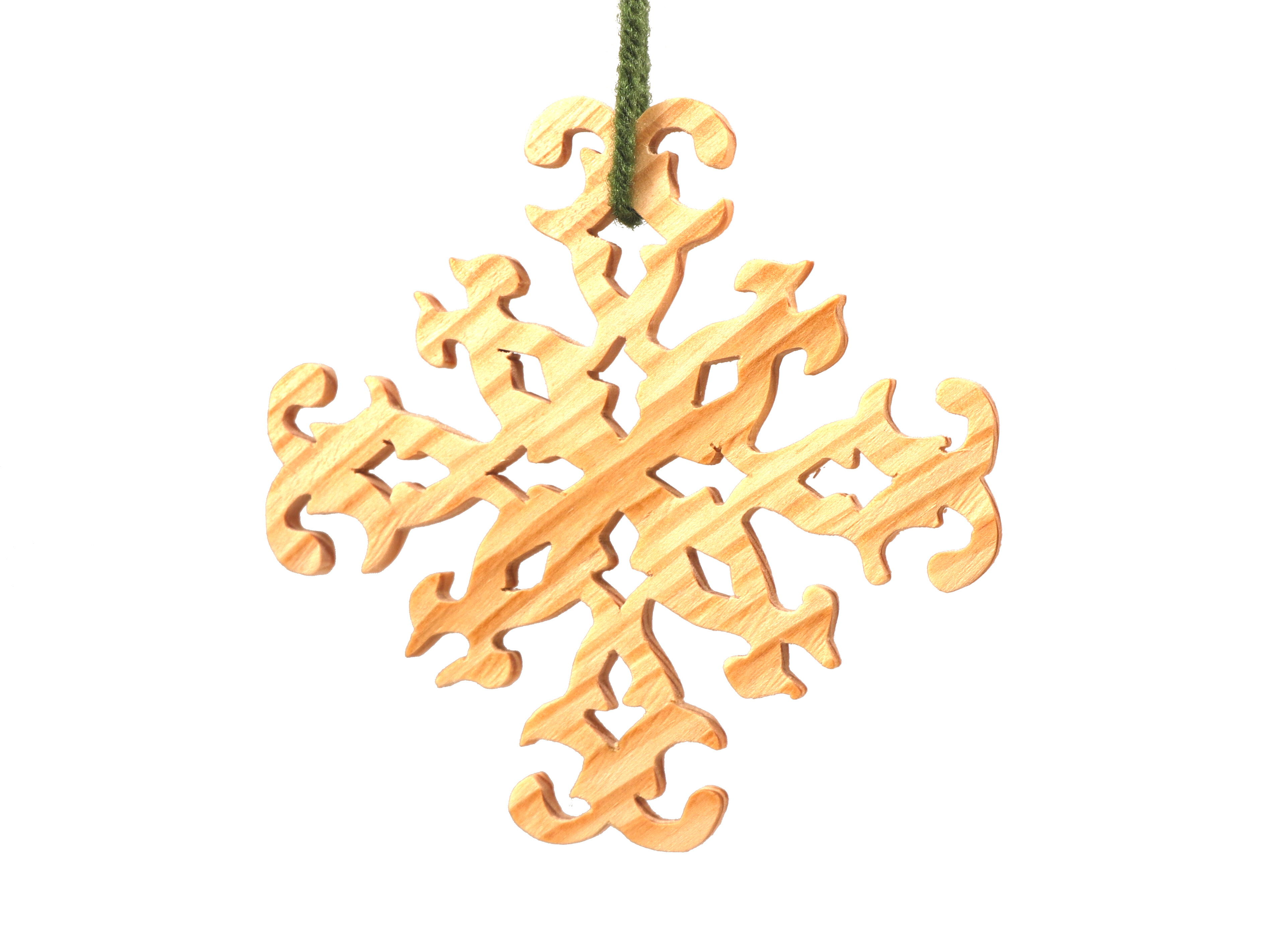 Handcrafted wooden Christmas tree ornament in rustic snowflake style, meticulously finished with clear shellac for a charming holiday touch, proudly made in the USA.